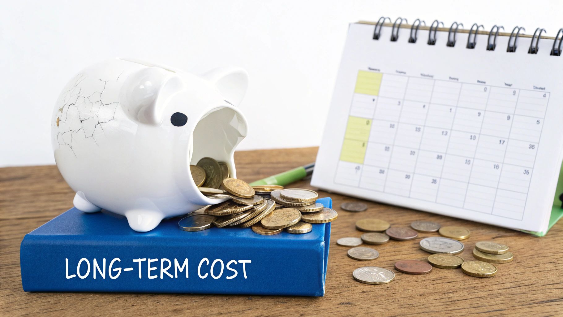 A broken piggy bank spilling coins on a book titled 'LONG-TERM COST' with a calendar, symbolizing financial challenges.