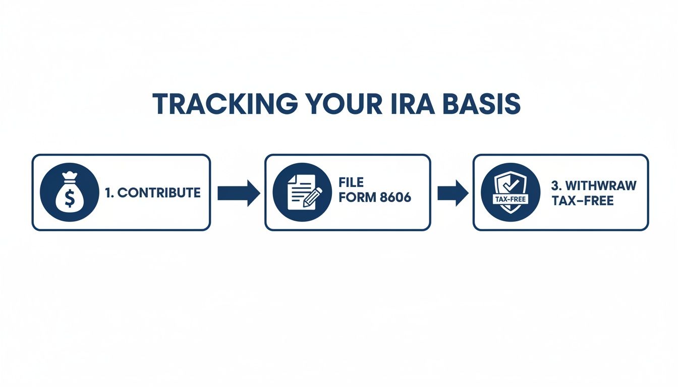 A visual guide illustrating three steps for tracking your IRA basis, leading to tax-free withdrawals.