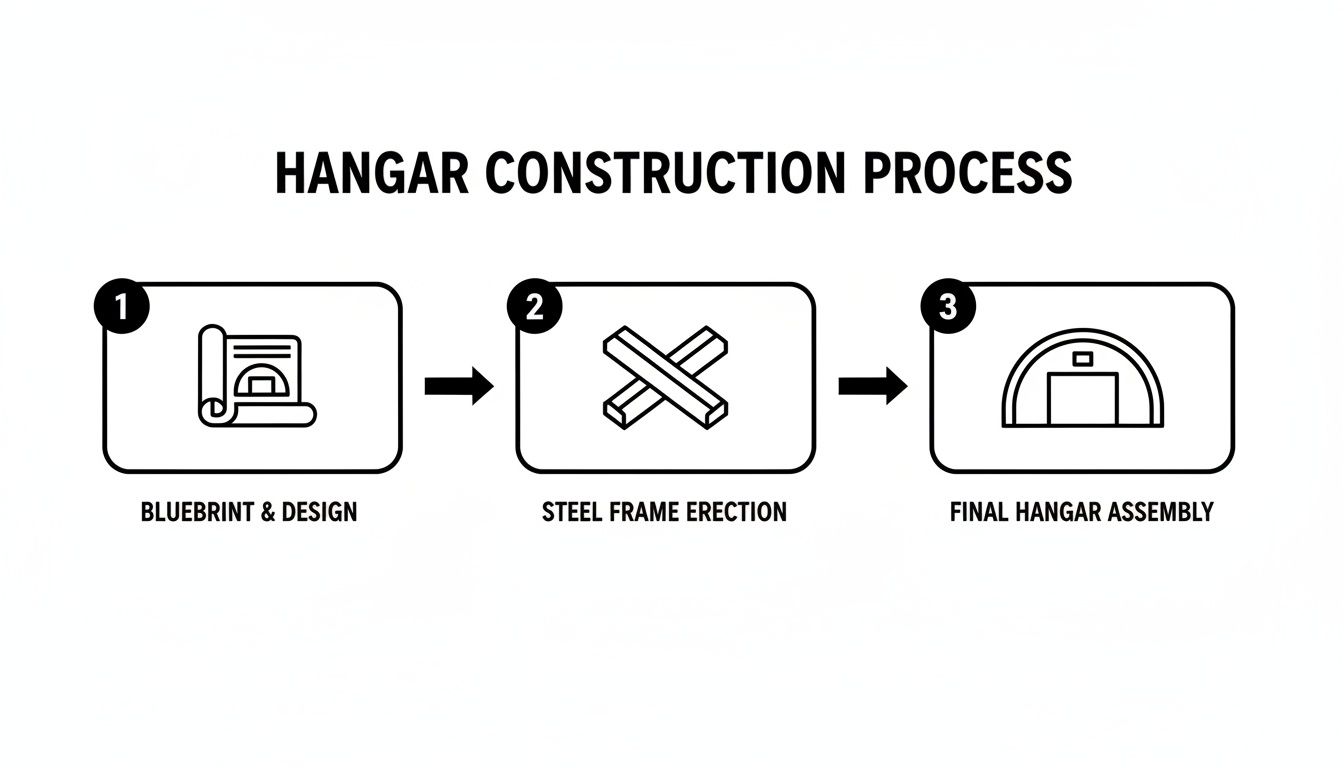 A three-step infographic illustrating the hangar construction process from blueprint to final assembly.