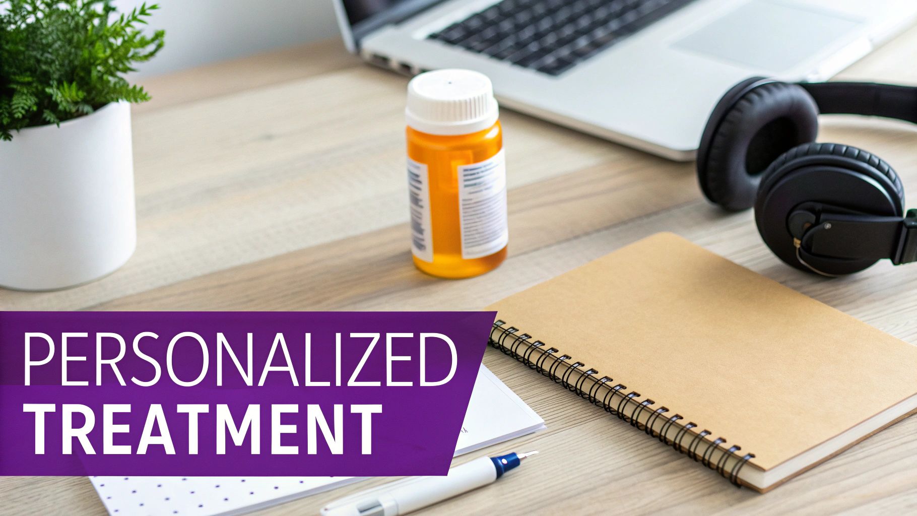 A desk setup featuring a laptop, pill bottle, headphones, and notebook with a 'PERSONALIZED TREATMENT' banner.