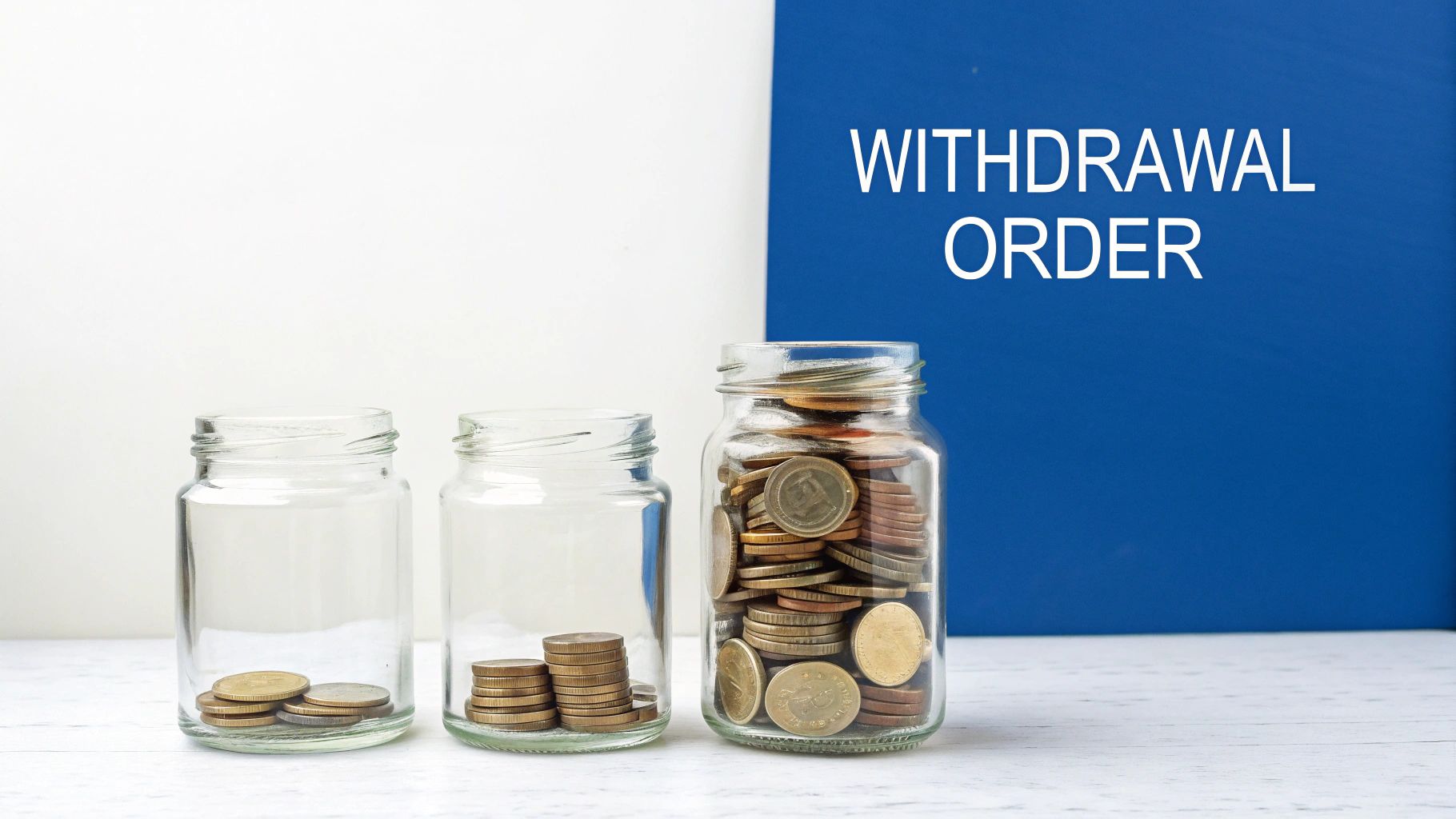 Three glass jars with increasing amounts of coins, next to a blue sign saying 'WITHDRAWAL ORDER'.