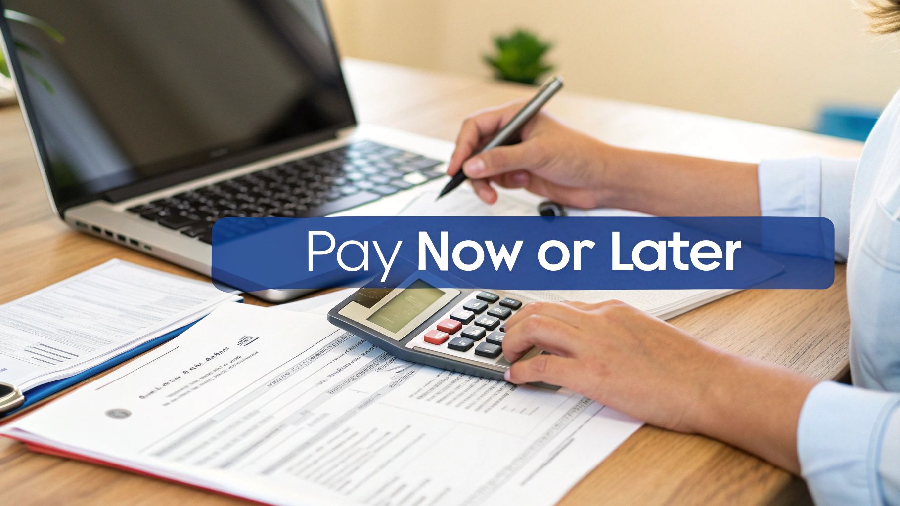 A person calculates finances with a calculator, laptop, and documents, featuring a 'Pay Now or Later' banner.