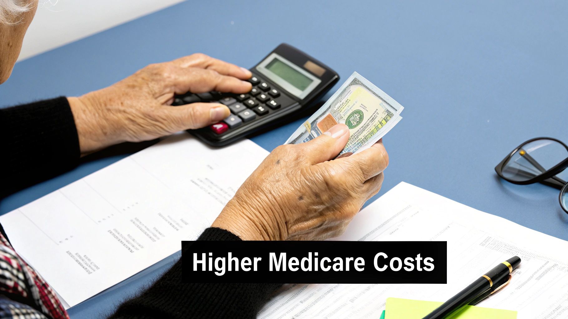 An elderly person uses a calculator and holds money while reviewing documents, highlighting higher Medicare costs.