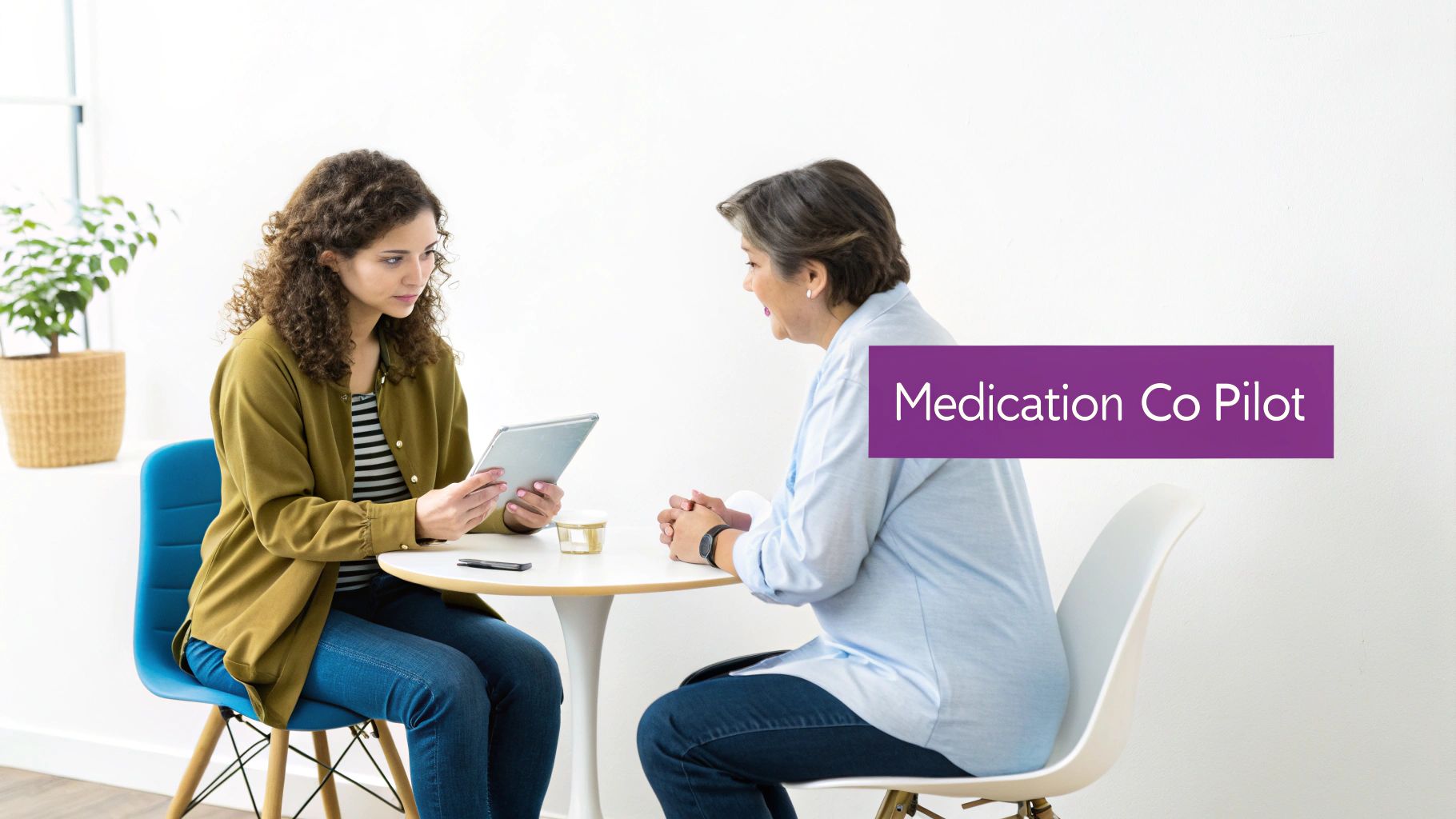 A younger woman shows an older woman content on a tablet during a health discussion.