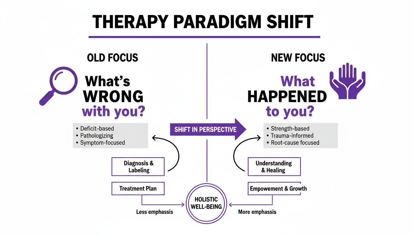 A visual diagram illustrating the evolution of therapy, shifting from identifying deficits to a trauma-informed, holistic approach.