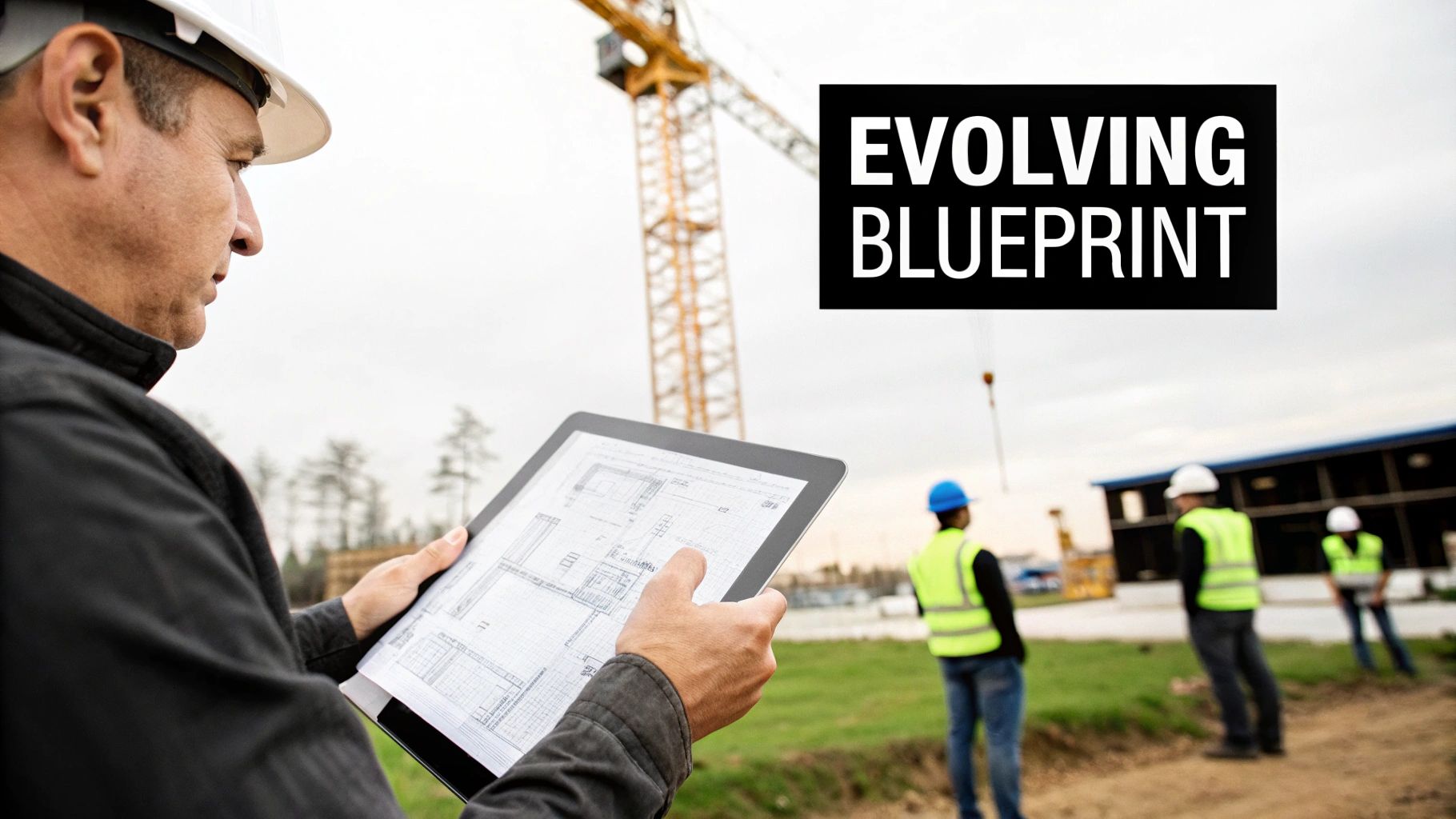 Construction worker in hard hat reviewing digital blueprints on a tablet at a building site.
