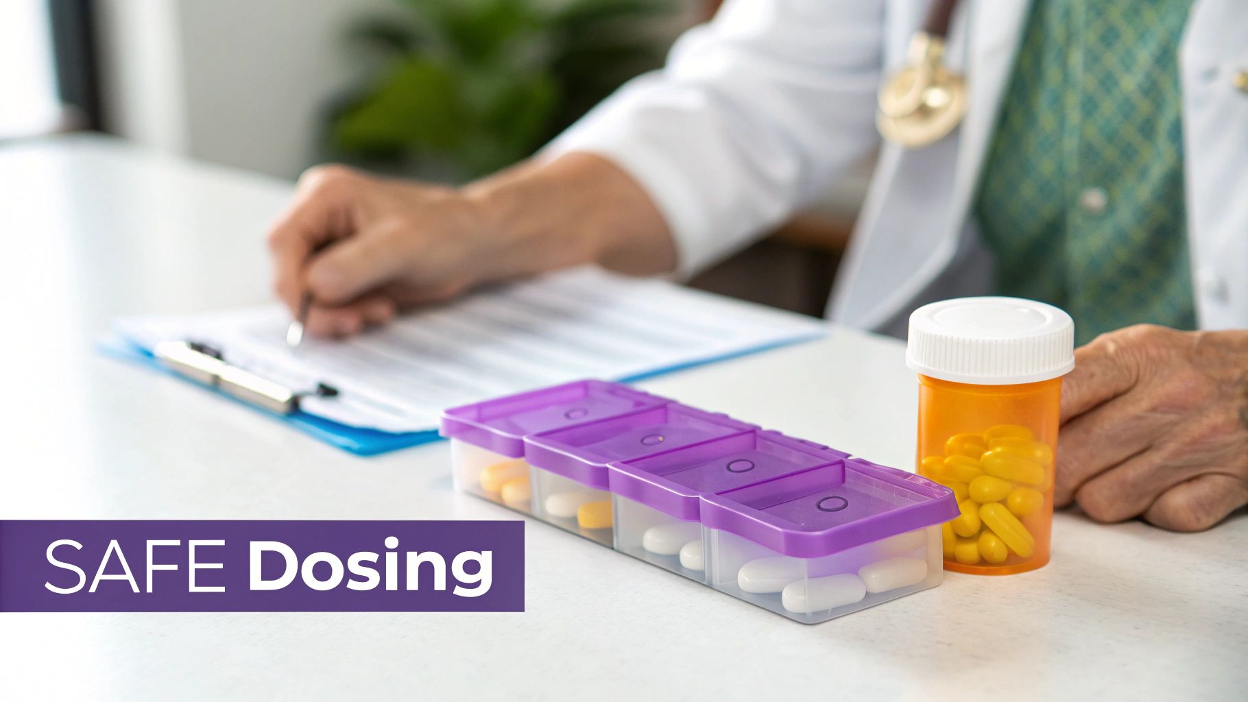 A healthcare professional prepares medications with a pill organizer and bottle, emphasizing safe dosing.