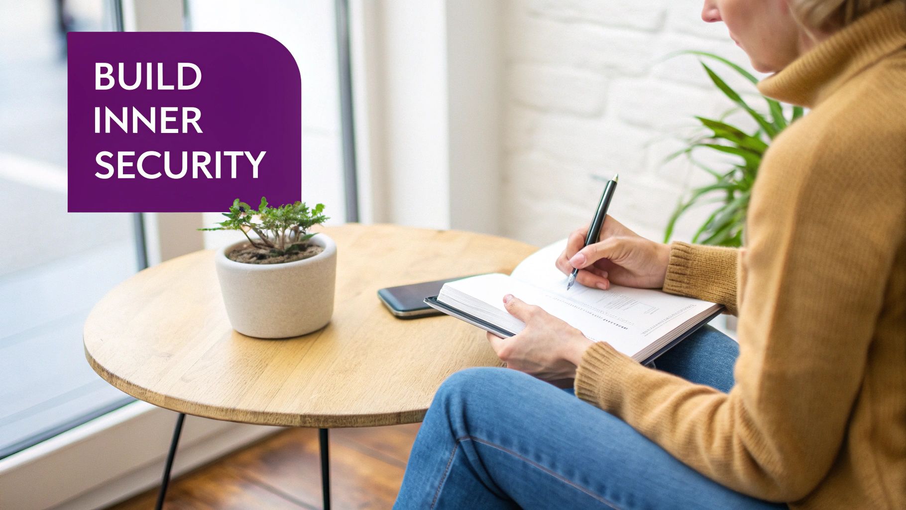 A person writes in a notebook at a wooden table, with a plant and phone. Text reads 'BUILD INNER SECURITY'.