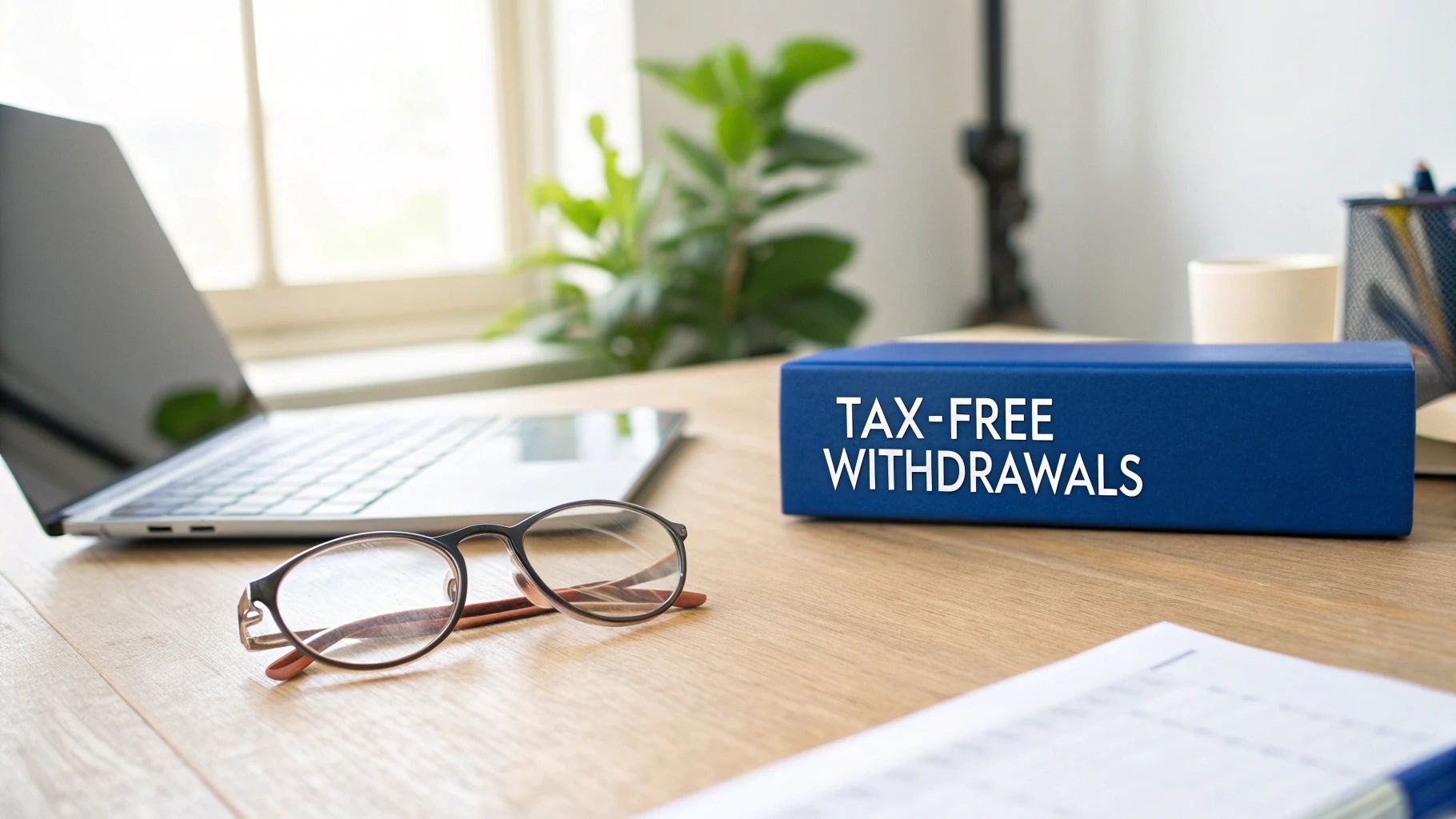 Desk with laptop, eyeglasses, and a blue box promoting 'TAX-FREE WITHDRAWALS' for financial planning.
