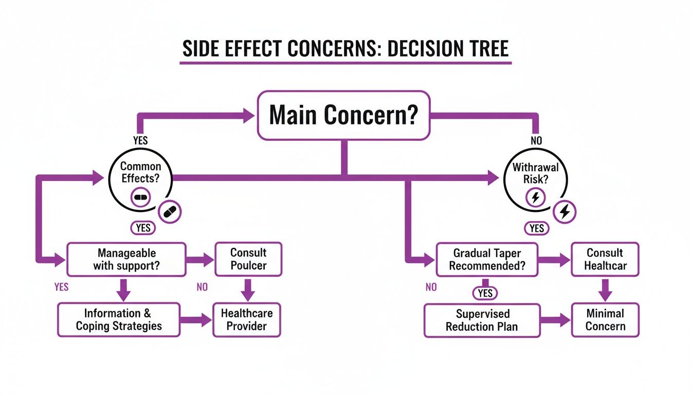 Decision tree illustrating steps for managing medication side effects, including common effects and withdrawal risks.