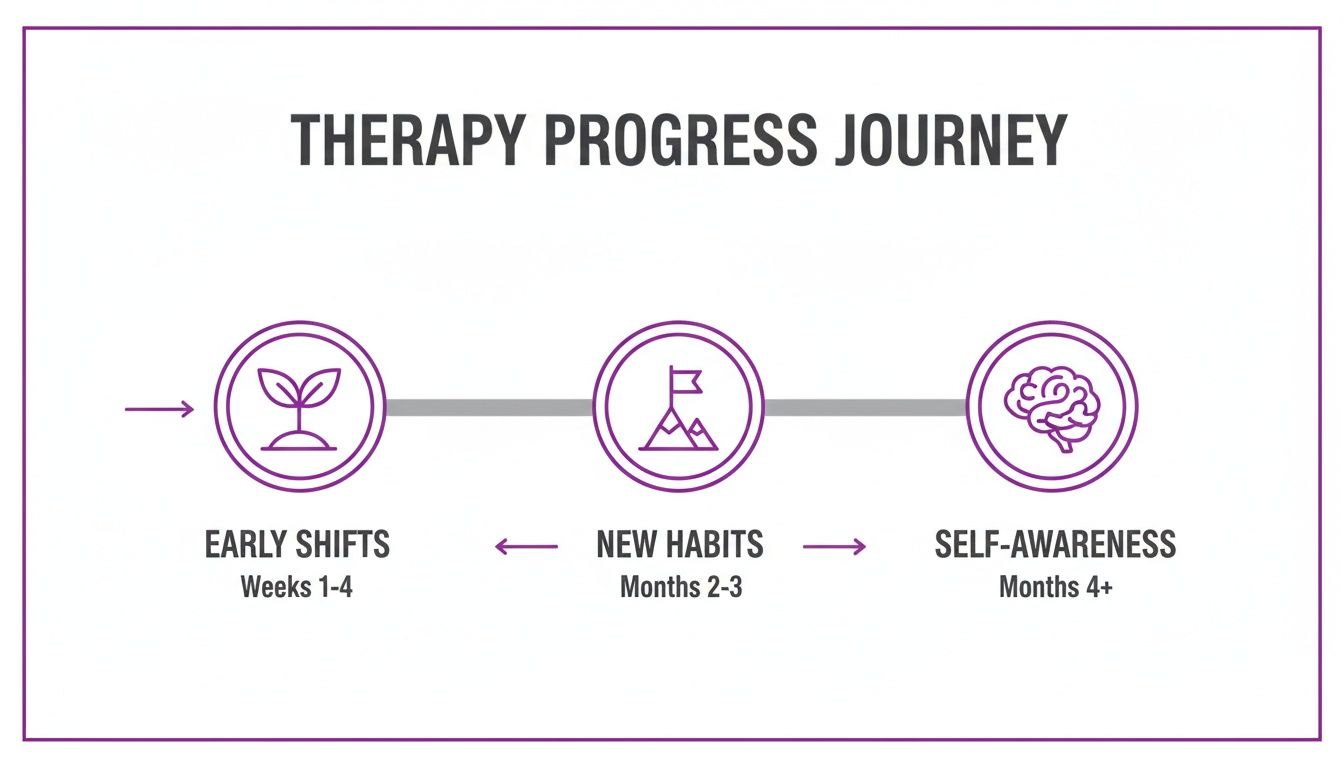 A visual timeline outlining the therapy progress journey from early shifts to self-awareness.