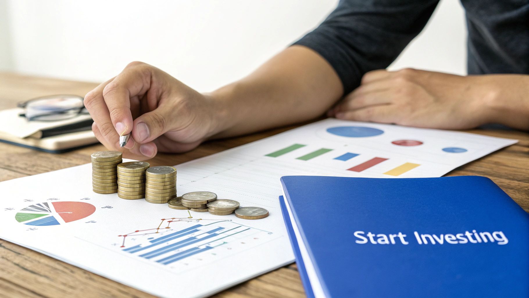 A person's hand holding a pen over stacked coins, with financial charts and a 'Start Investing' book.