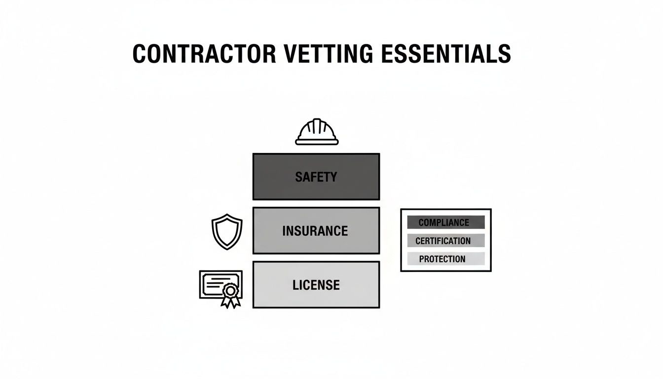 Diagram illustrating contractor vetting essentials including safety, insurance (compliance, certification, protection), and license.
