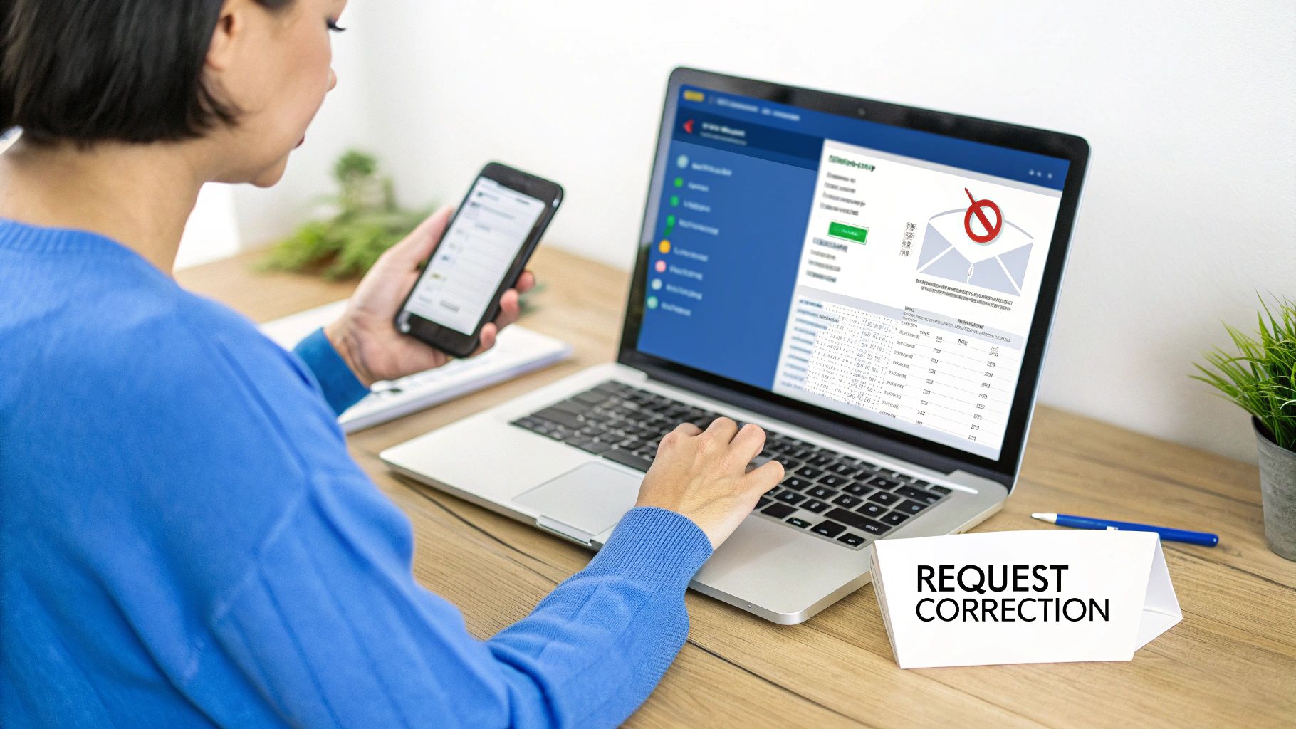 A woman works on a laptop and phone, viewing an email error while a "Request Correction" sign sits on the desk.