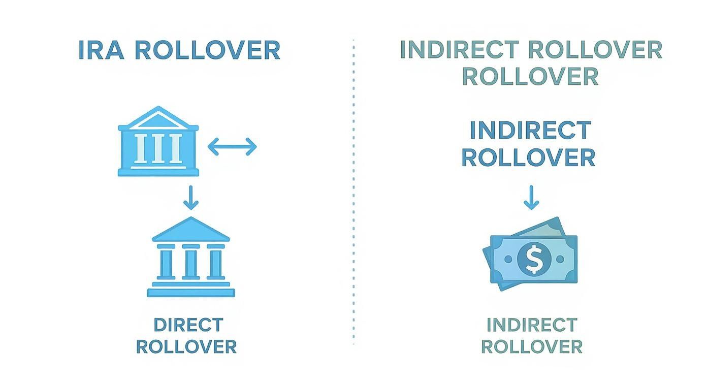 Visual guide detailing direct IRA rollovers between financial institutions and indirect rollovers involving cash.