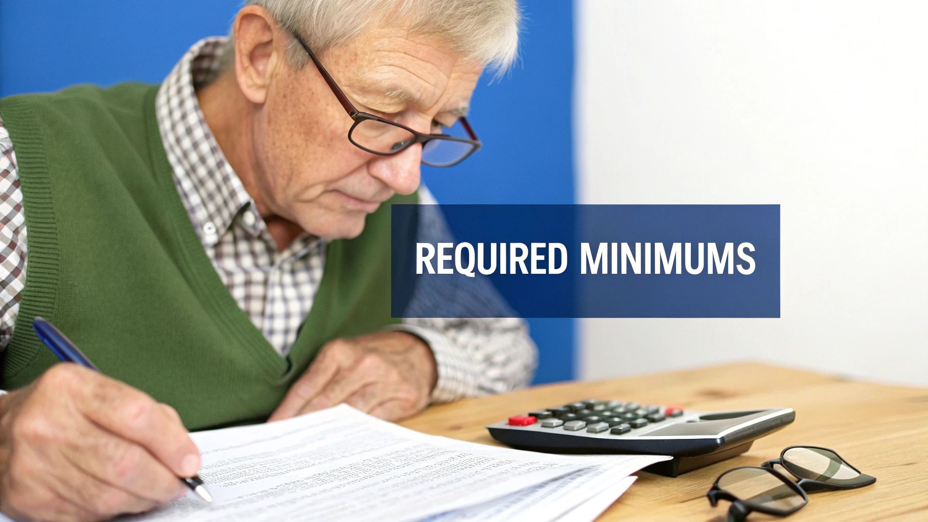 Senior man reviewing required minimum distribution documents with calculator on desk