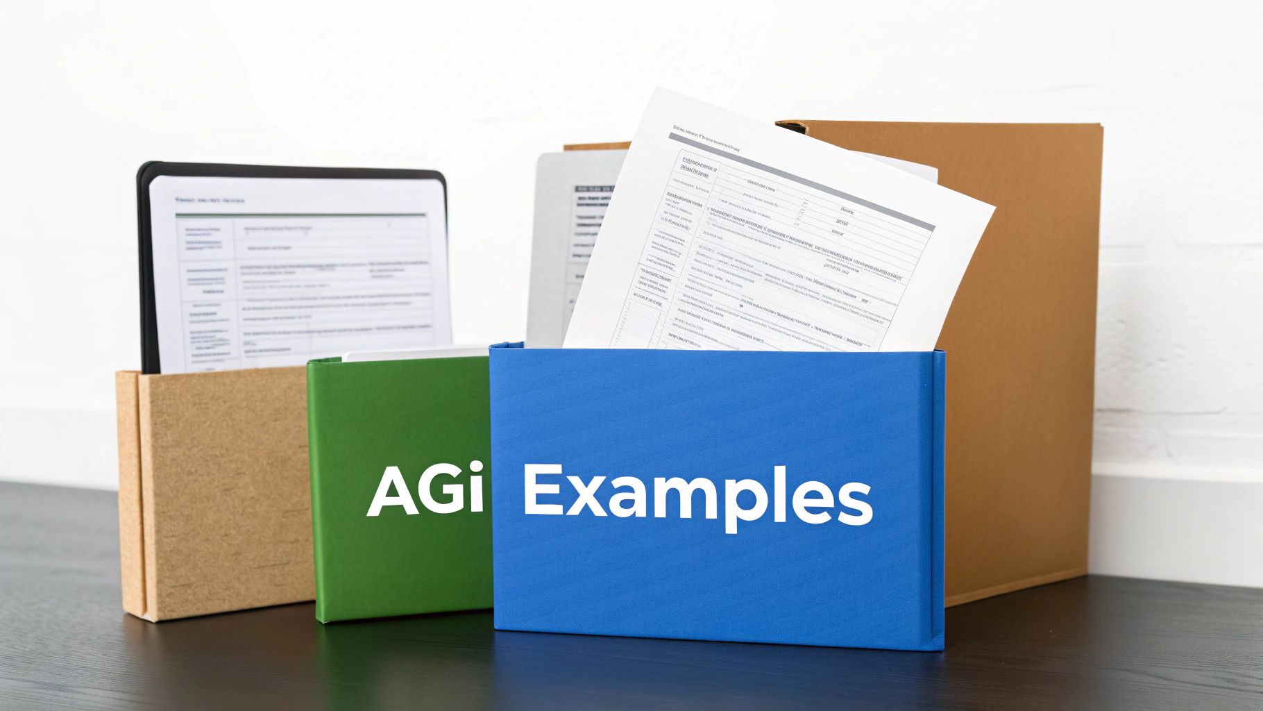 Three binders and two cardboard boxes on a dark desk, one blue labeled 'AGI Examples'.