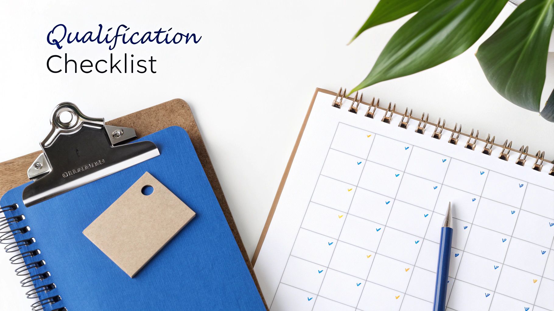 Overhead shot of a qualification checklist, clipboard, planner, and pen on a white background, symbolizing organization.