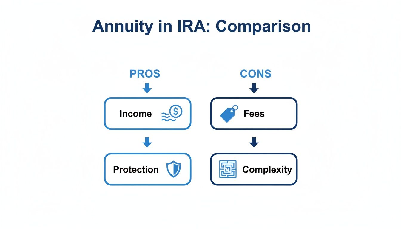 Diagram comparing pros and cons of annuities in IRA, including income, protection, fees, and complexity.
