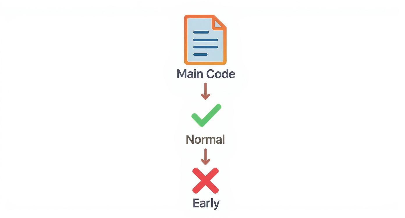 Flowchart showing 'Main Code' leading to 'Normal' (green checkmark) and then 'Early' (red X).