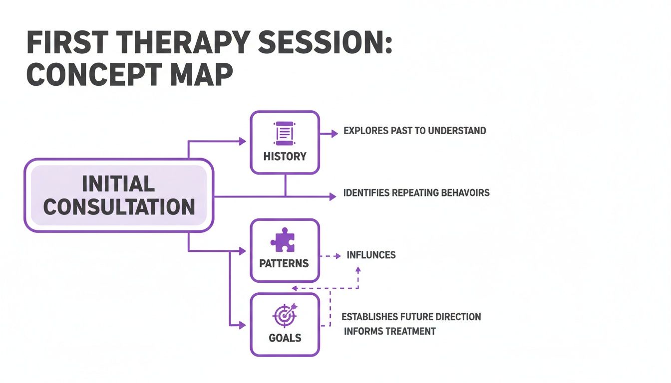 A concept map showing the flow of a first therapy session, from initial consultation to goals.