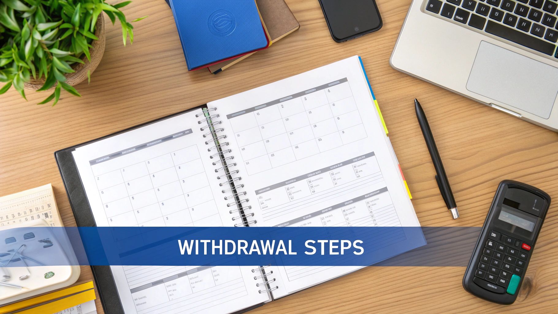 Overhead view of a desk with an open planner, laptop, calculator, and 'WITHDRAWAL STEPS' banner.