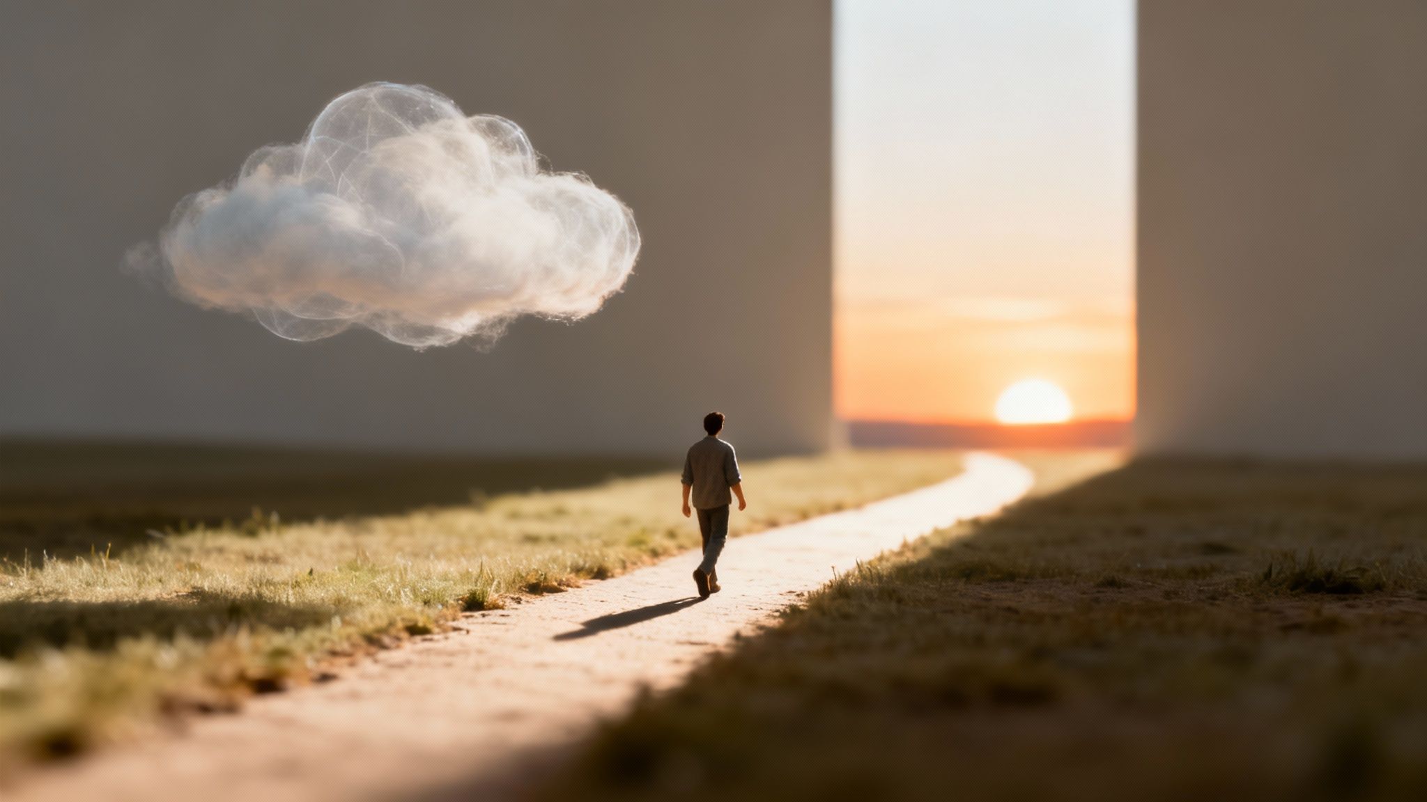 A person walks on a winding path towards a bright sunset between two towering walls, with a cloud overhead.