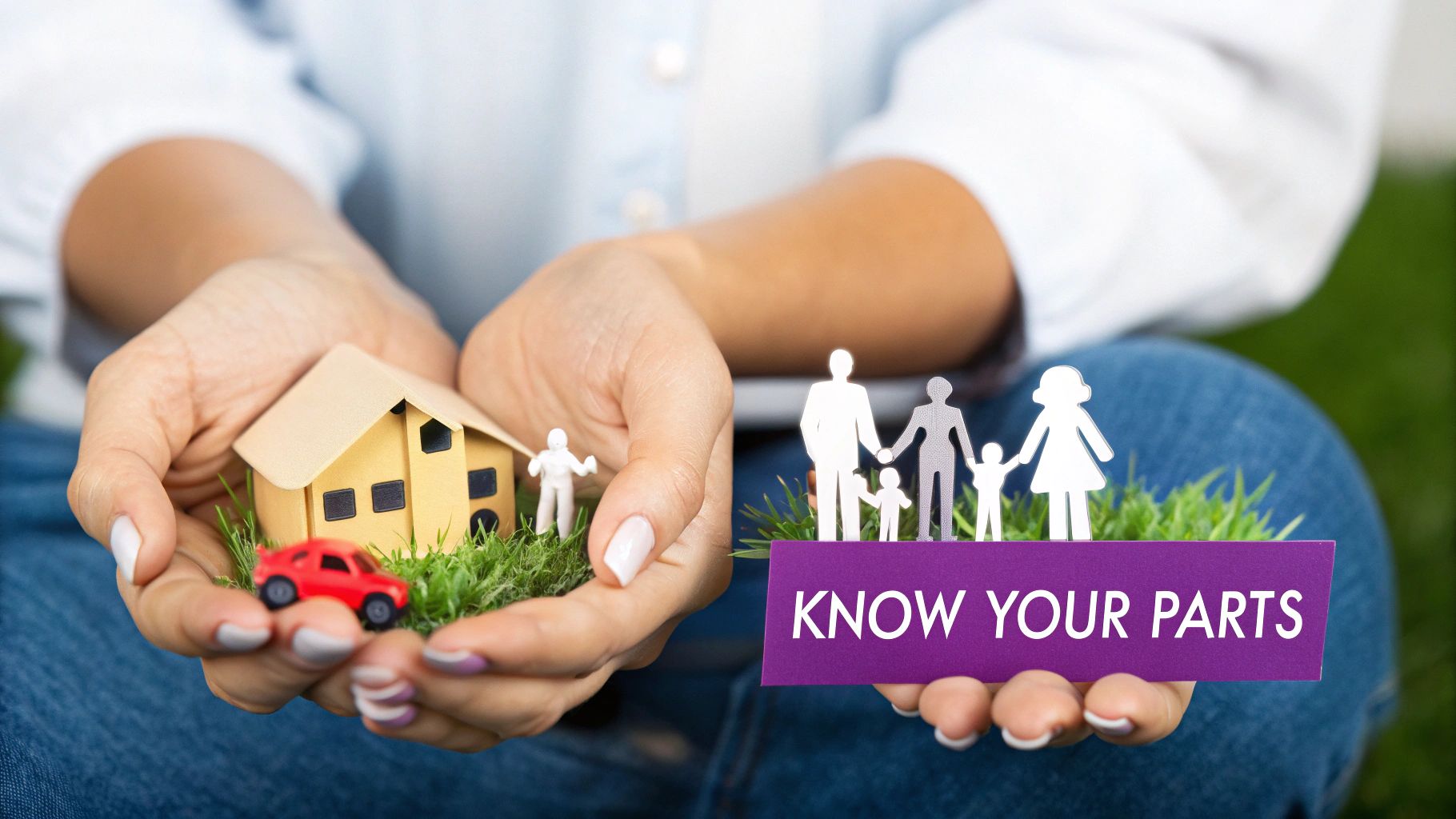 Hands hold miniatures of a house, car, family figures, and a 'KNOW YOUR PARTS' sign, illustrating therapy.