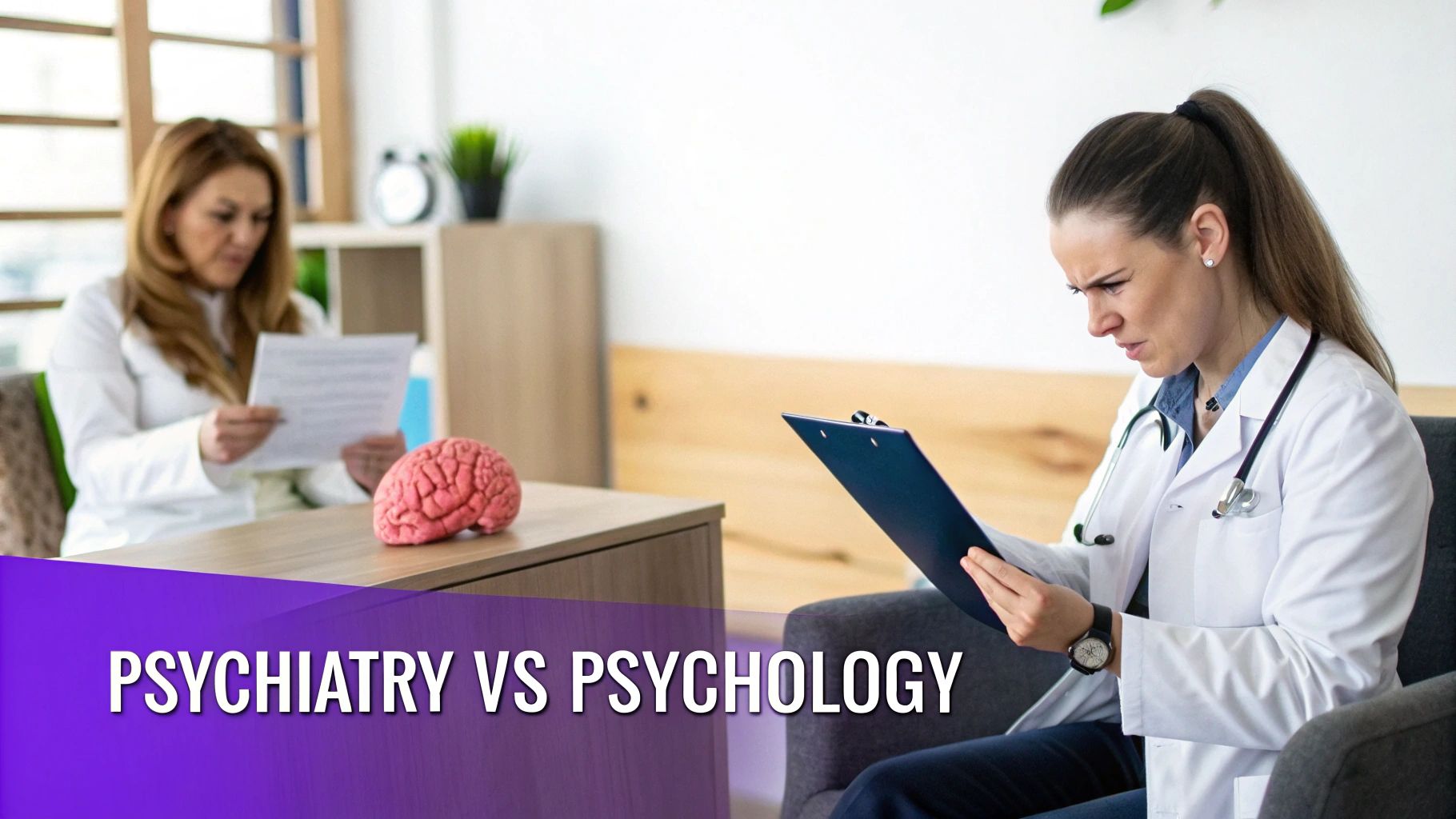 Two medical professionals in an office setting with a brain model, representing psychiatry and psychology.