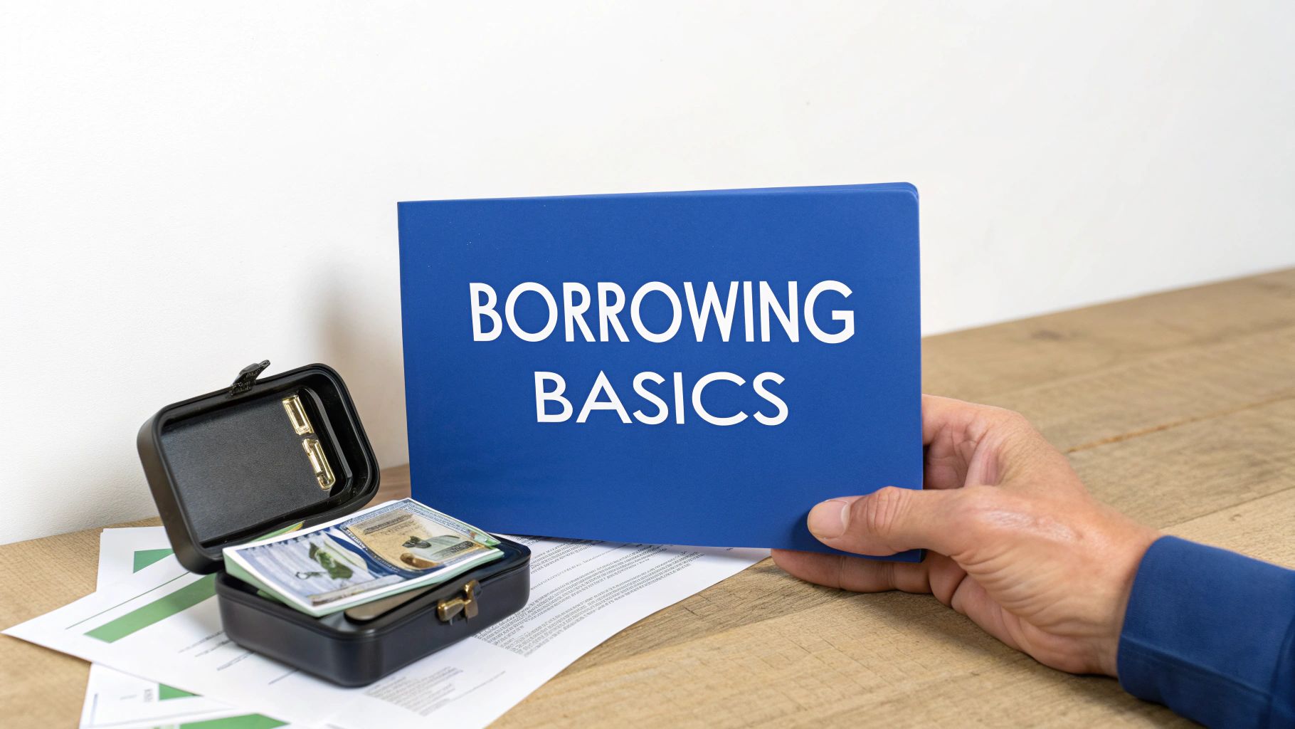 A hand holds a blue book titled 'BORROWING BASICS' next to a small safe with money.