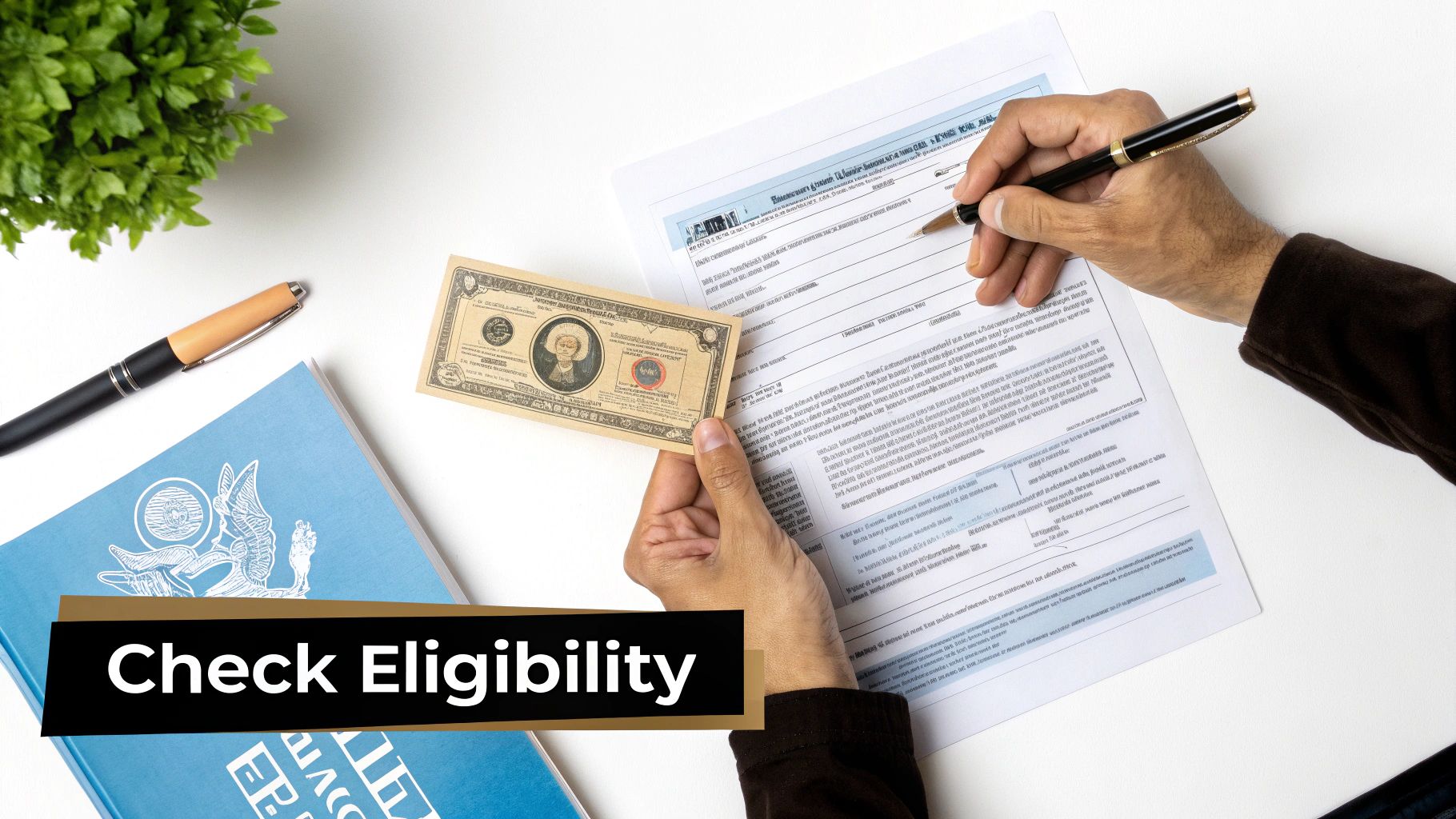 Overhead view of hands, one writing on a form, the other holding a vintage dollar bill, with 'Check Eligibility' text.
