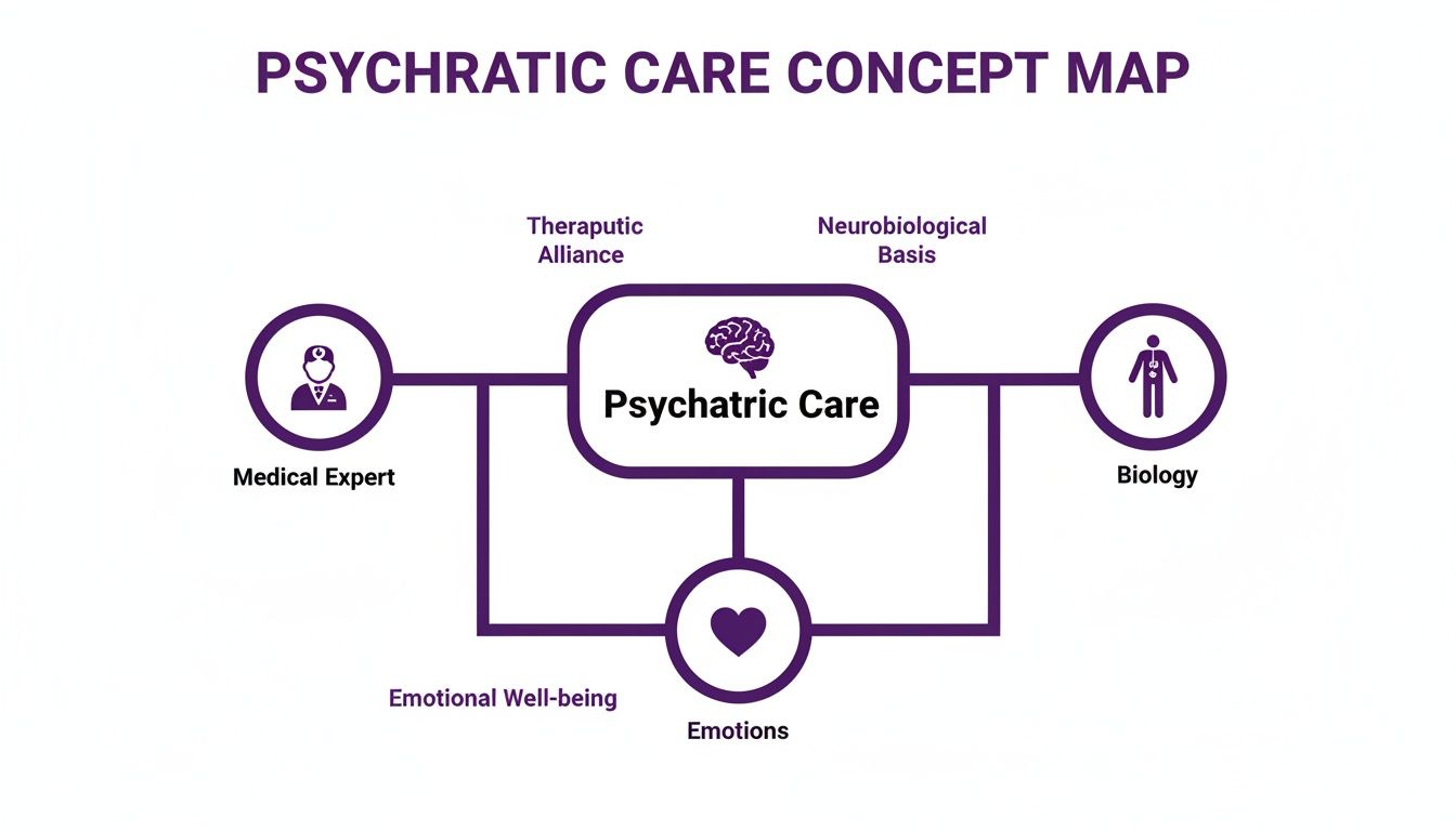 A concept map illustrating psychiatric care connected to medical experts, biology, and emotions.