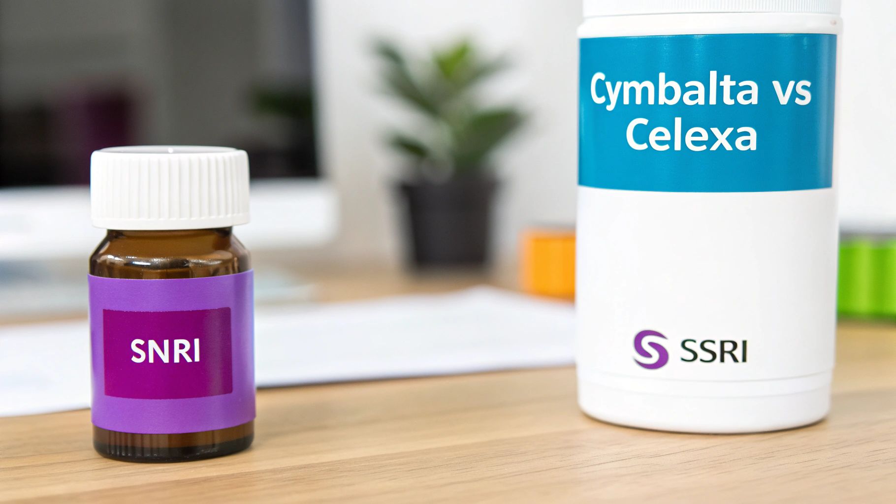 Two bottles on a desk comparing Cymbalta (SNRI) and Celexa (SSRI) antidepressants.