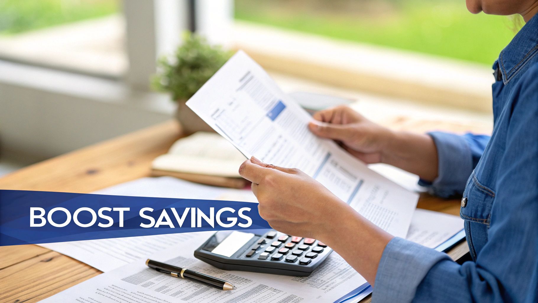 A couple is happily planning their budget at a kitchen table, looking relaxed and not stressed.