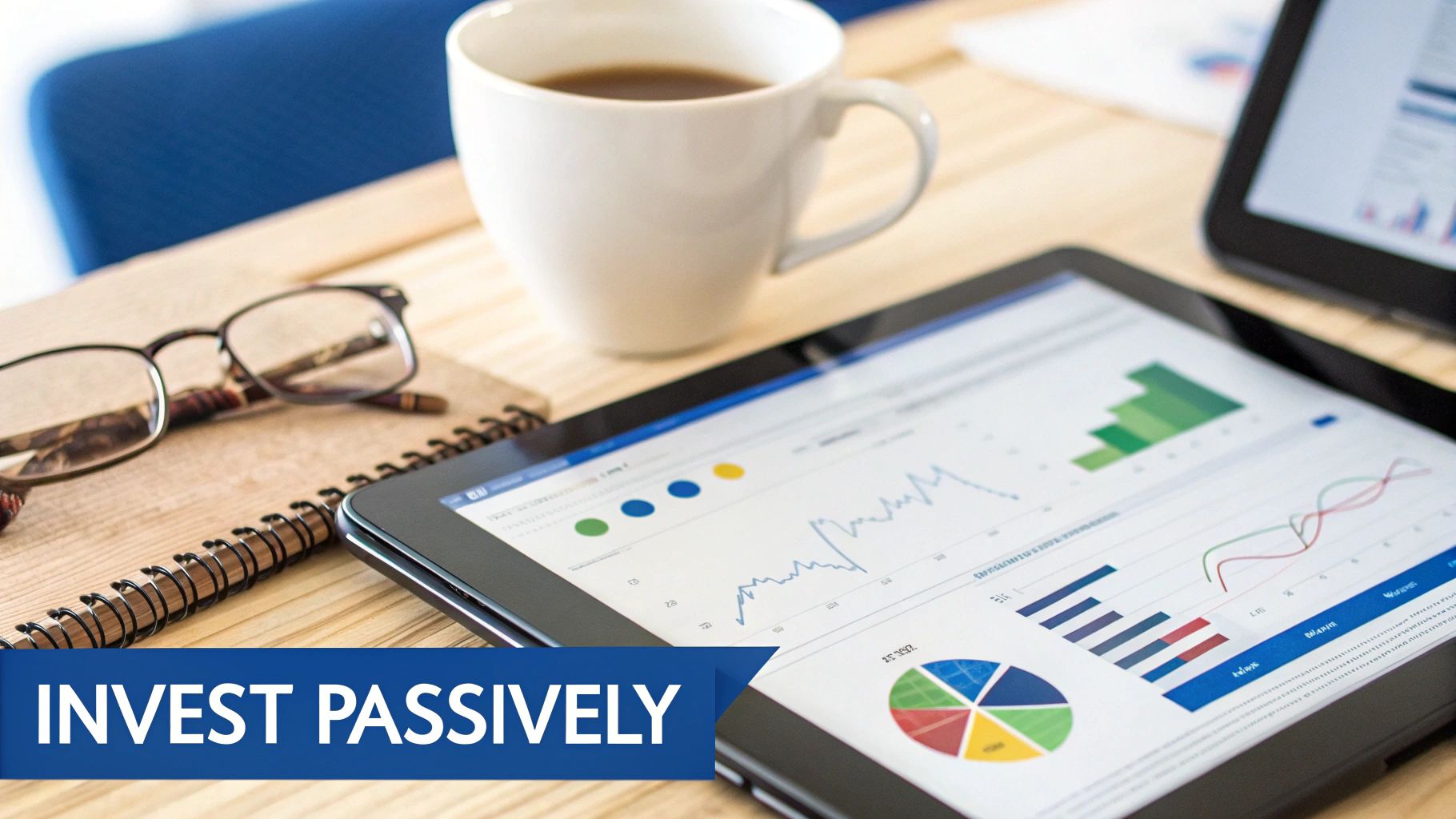 A tablet displays financial charts and graphs alongside a coffee cup and eyeglasses on a wooden desk.