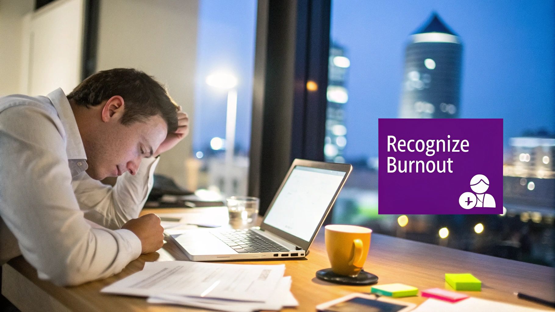 A tired man resting his head on his hand at a desk with a laptop and a 'Recognize Burnout' graphic.