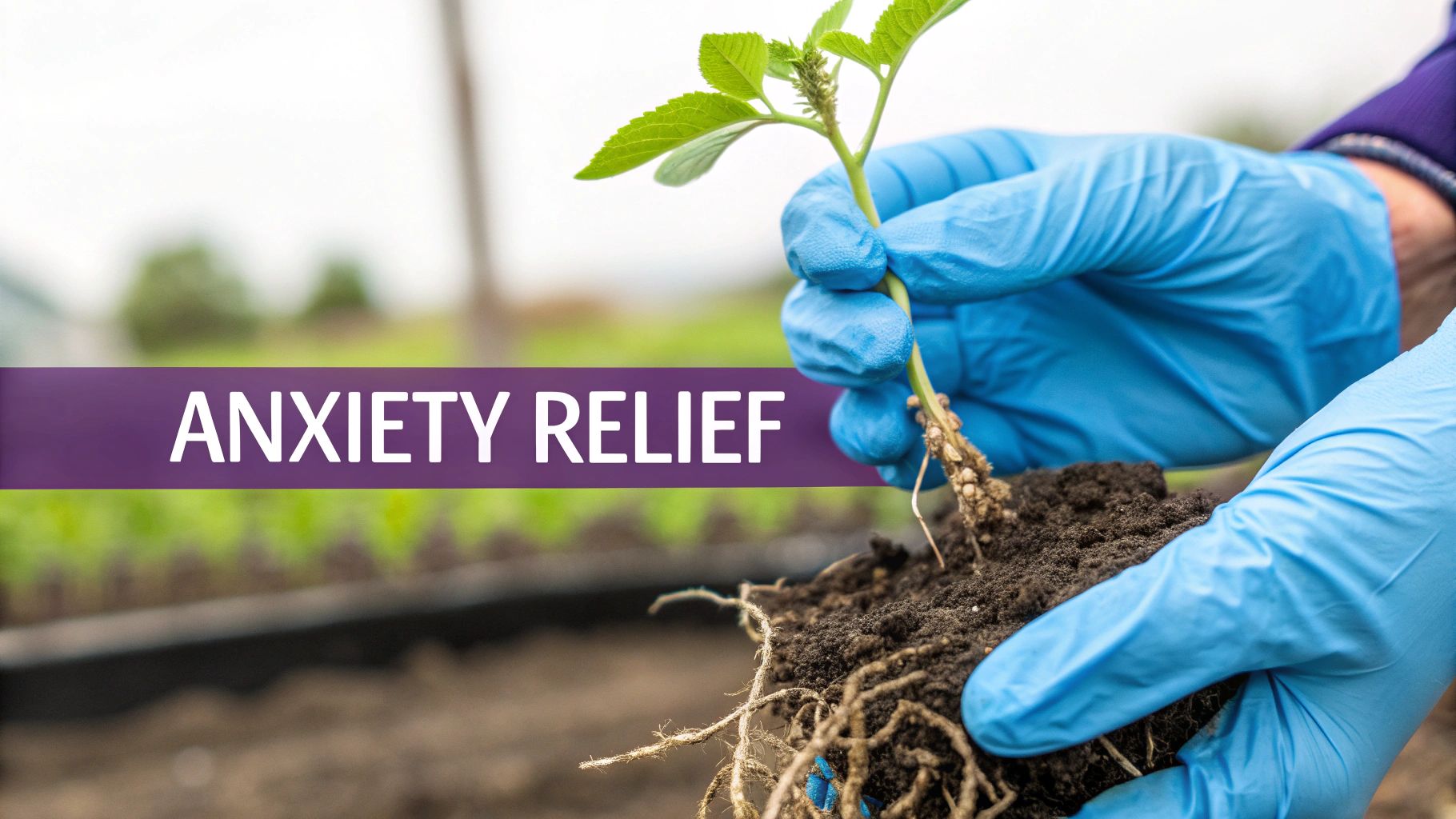 Hands in blue gloves hold a small green plant with soil and roots, with 'ANXIETY RELIEF' banner.