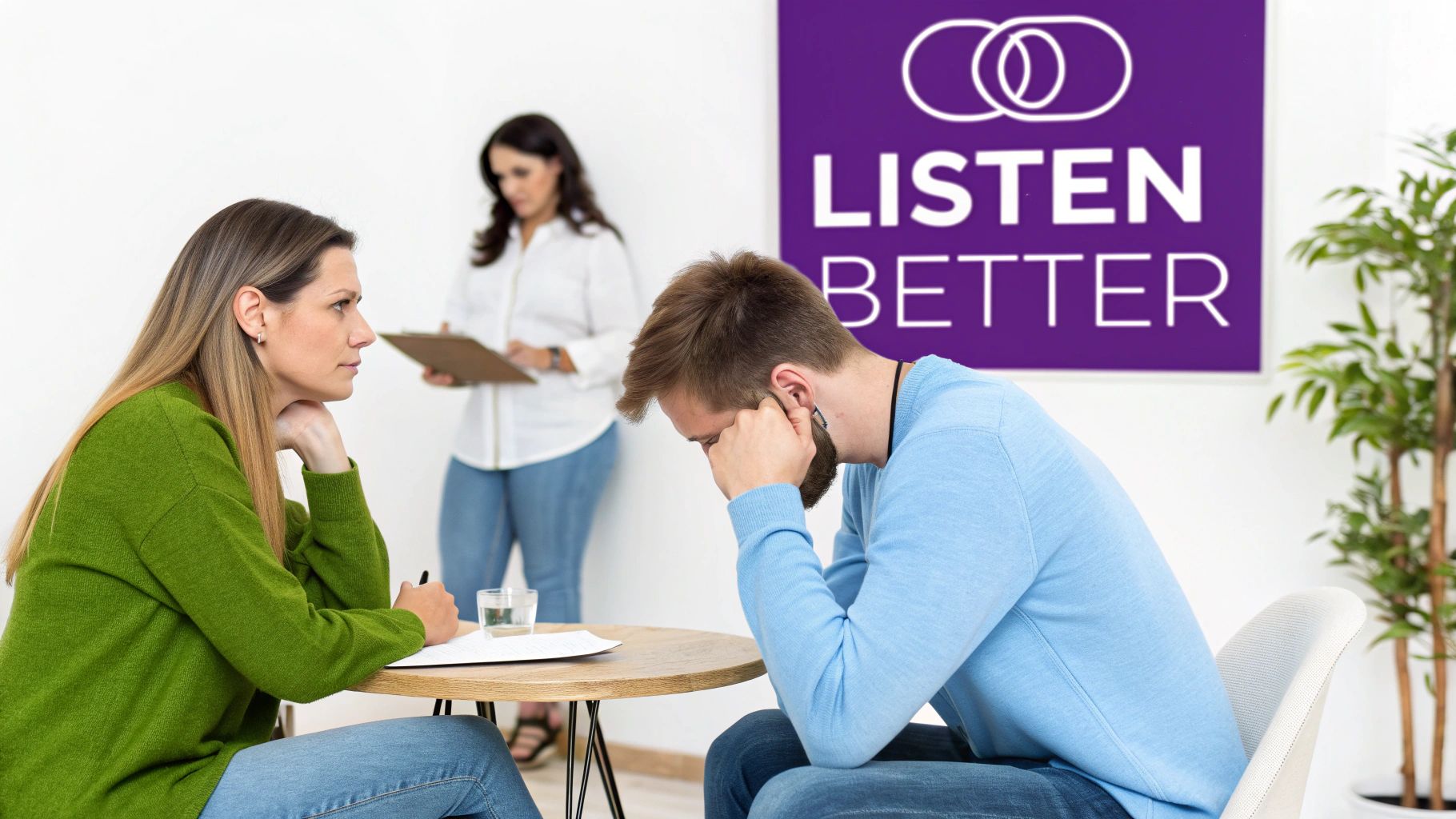 A man shows distress in a counseling session while a woman listens attentively, with a therapist observing.