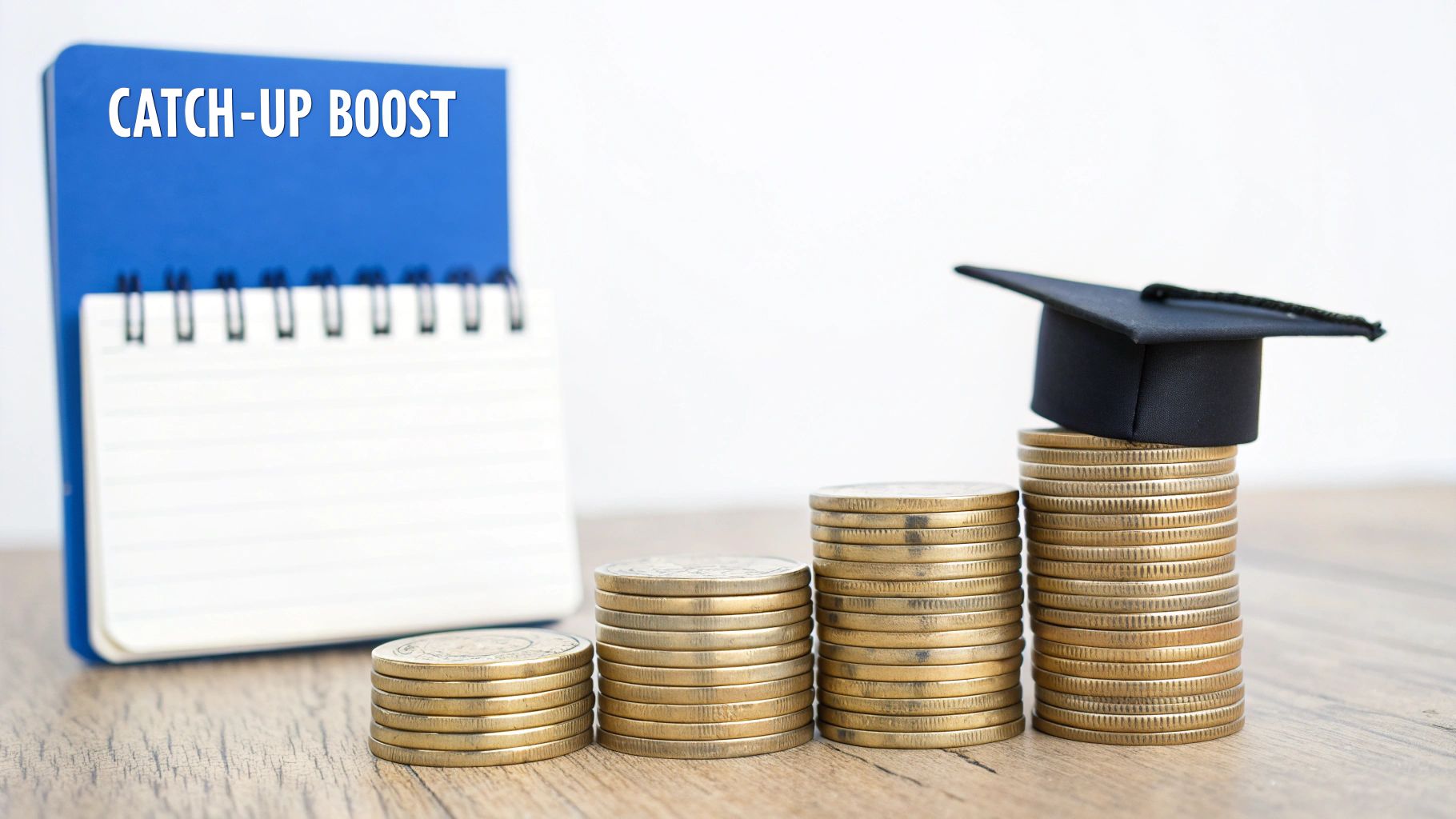 Notebook with 'CATCH-UP BOOST' next to coin stacks growing towards a graduation cap, symbolizing education savings.