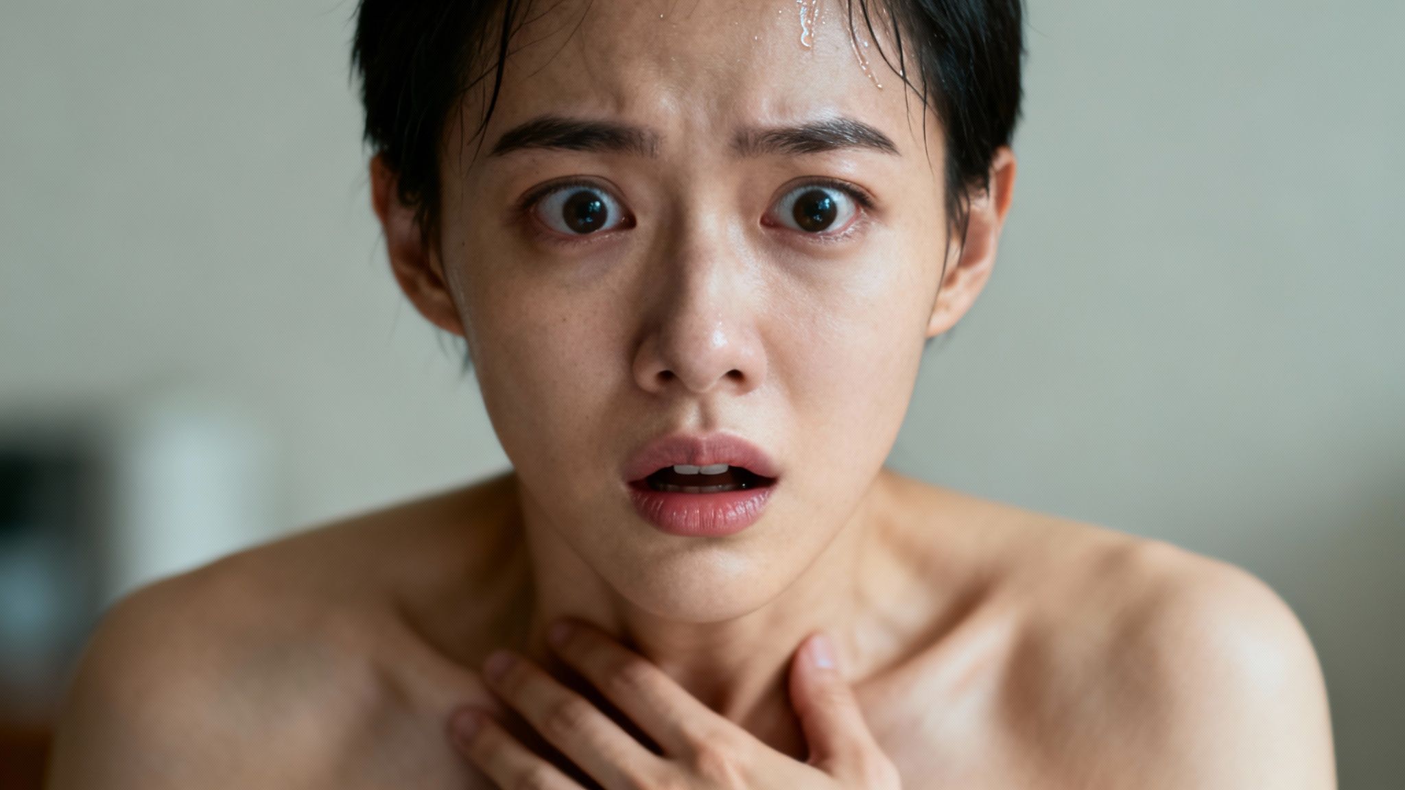 Close-up of a distressed woman with wide eyes, open mouth, and a hand on her neck, looking scared and sweaty.