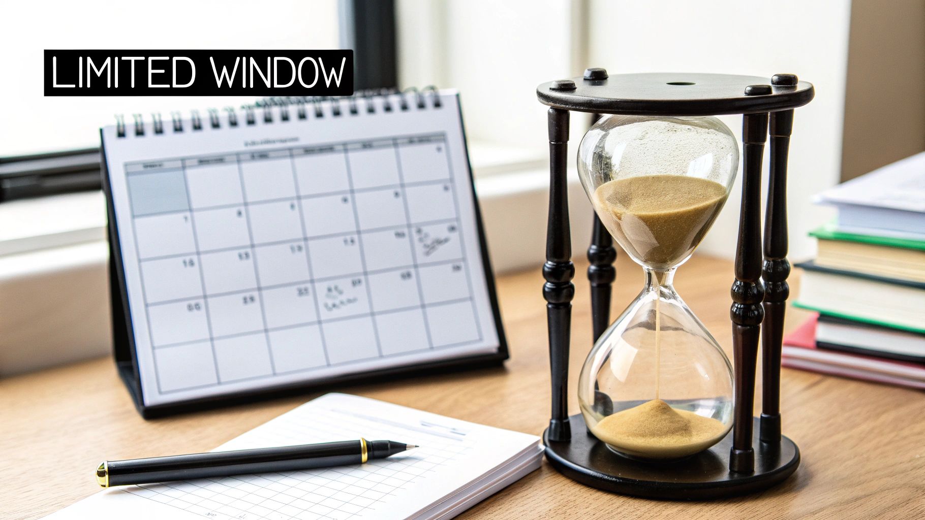 An hourglass with sand flowing, a calendar, and a pen on a desk, symbolizing limited time.