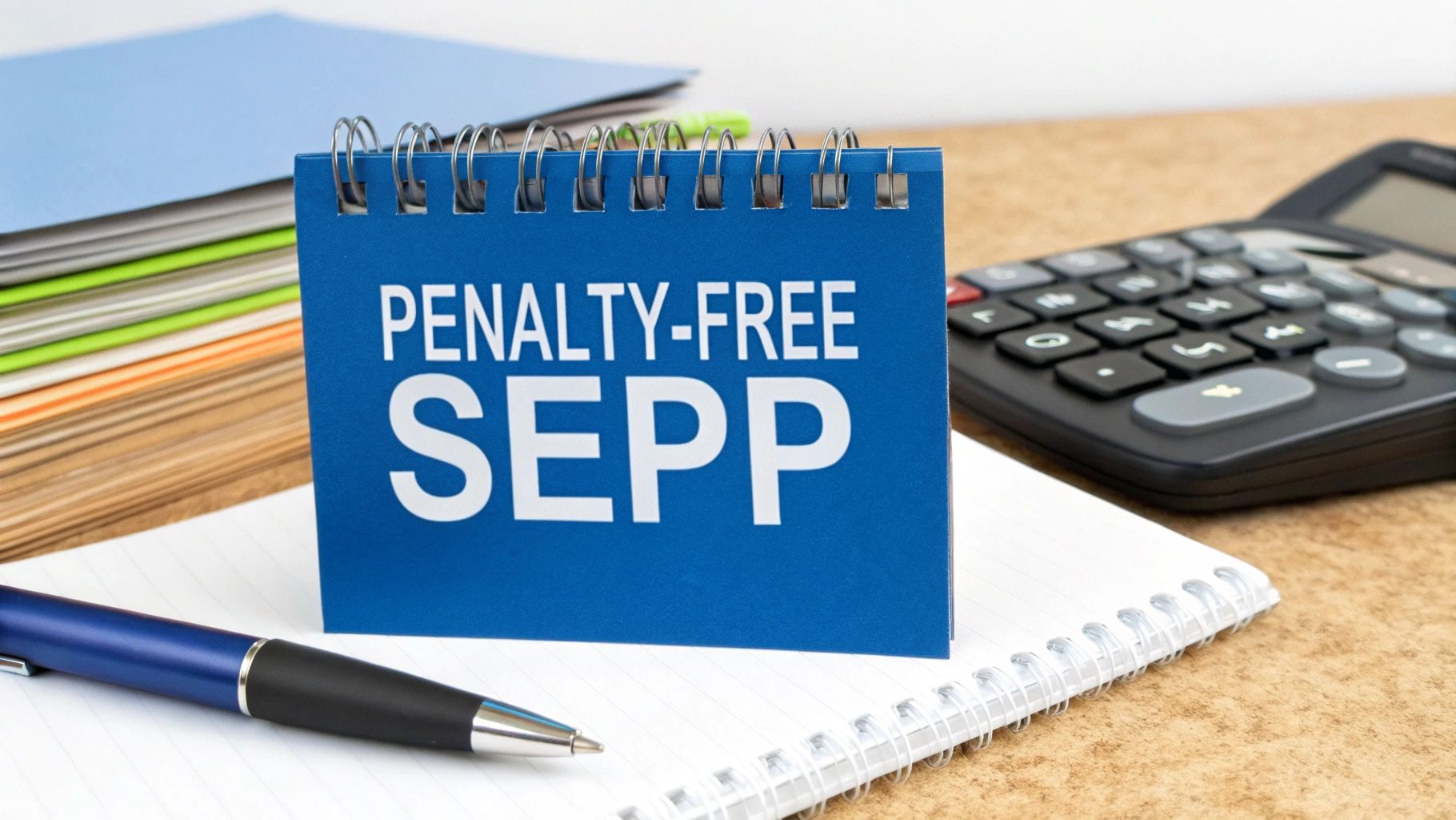 Blue spiral notepad displaying penalty-free SEPP text with calculator and pen on desk