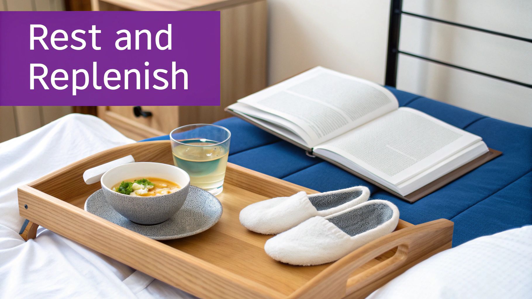 A tranquil bed scene with a breakfast tray, soup, a drink, slippers, and an open book.