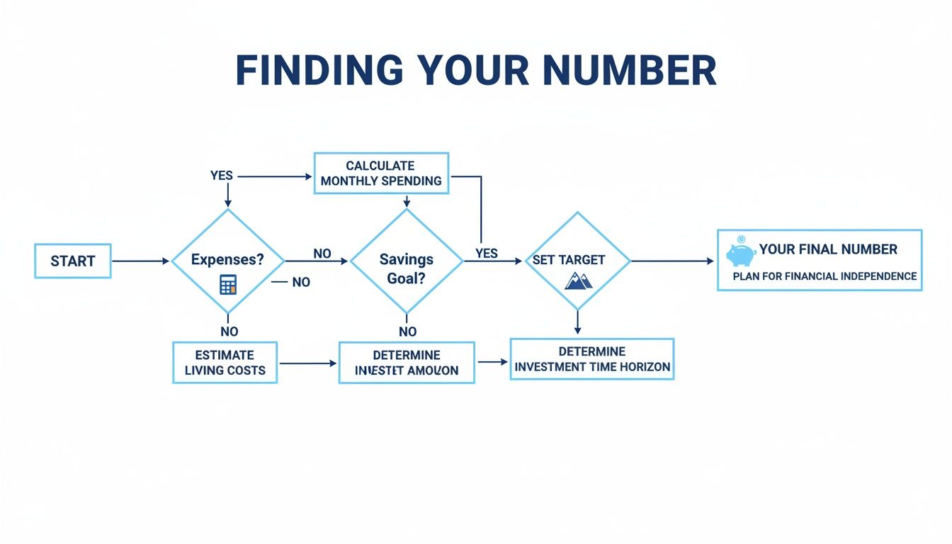 A flowchart titled 'Finding Your Number' outlining steps for financial planning and independence.