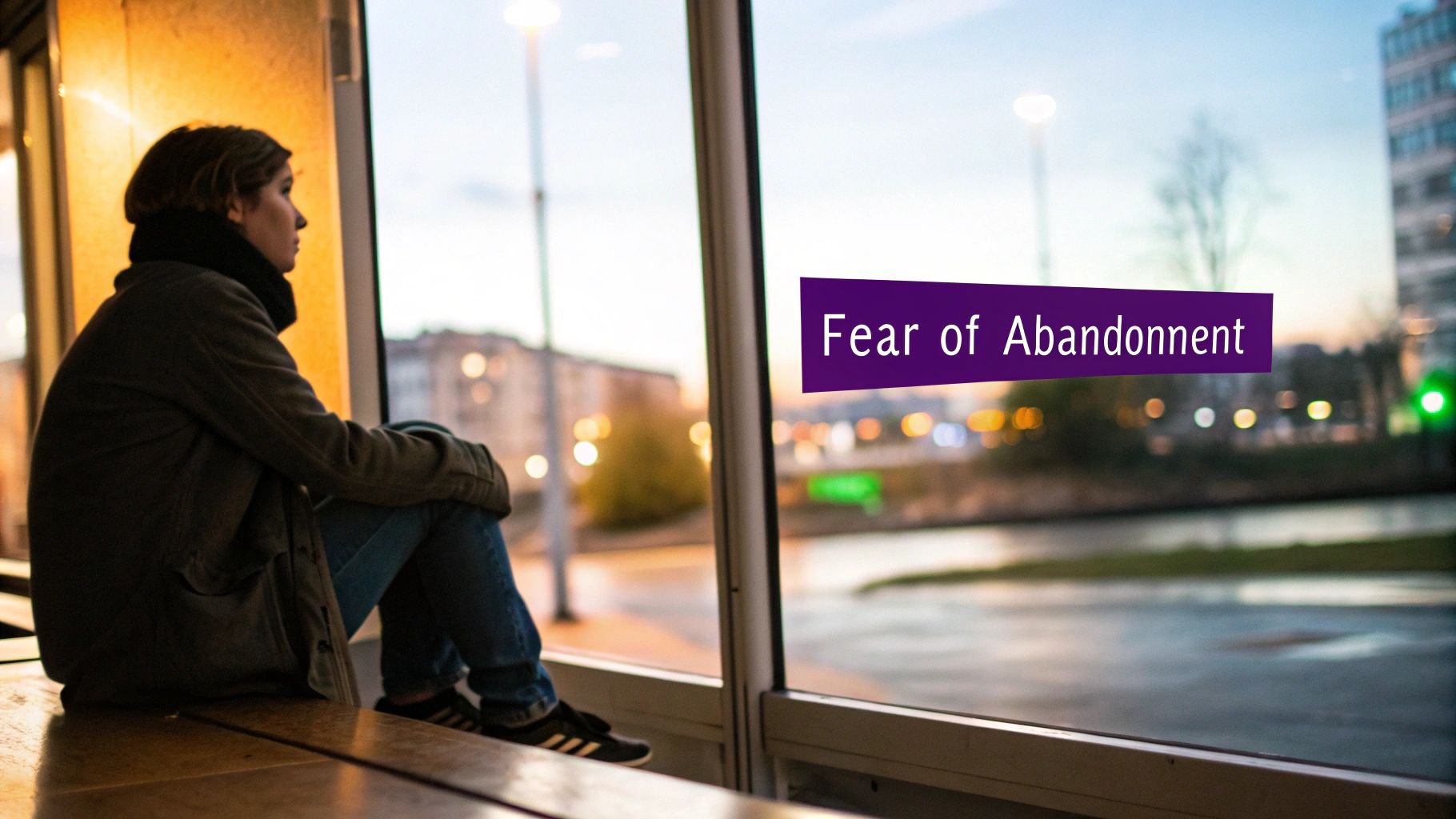 A pensive person sits by a window looking out at a city, with text 'Fear of Abandonment'.