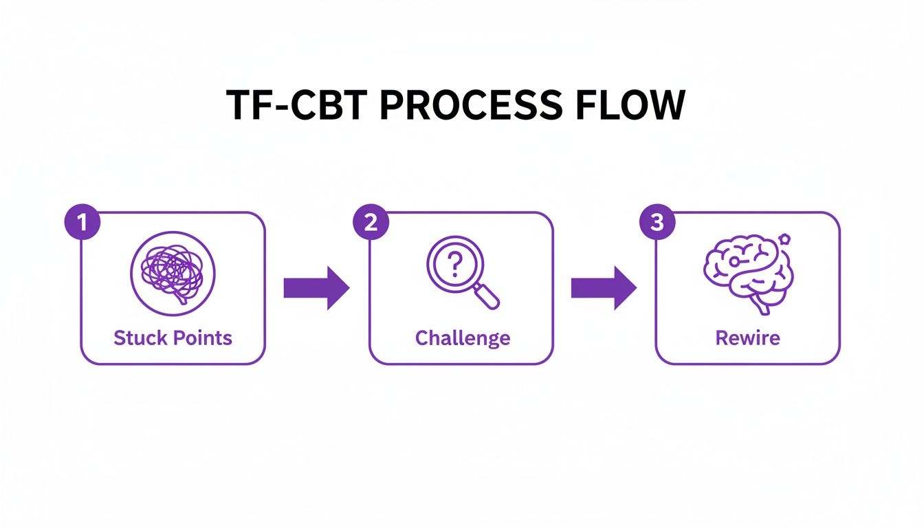 Flowchart illustrating the TF-CBT process: Stuck Points, Challenge, and Rewire with corresponding icons.