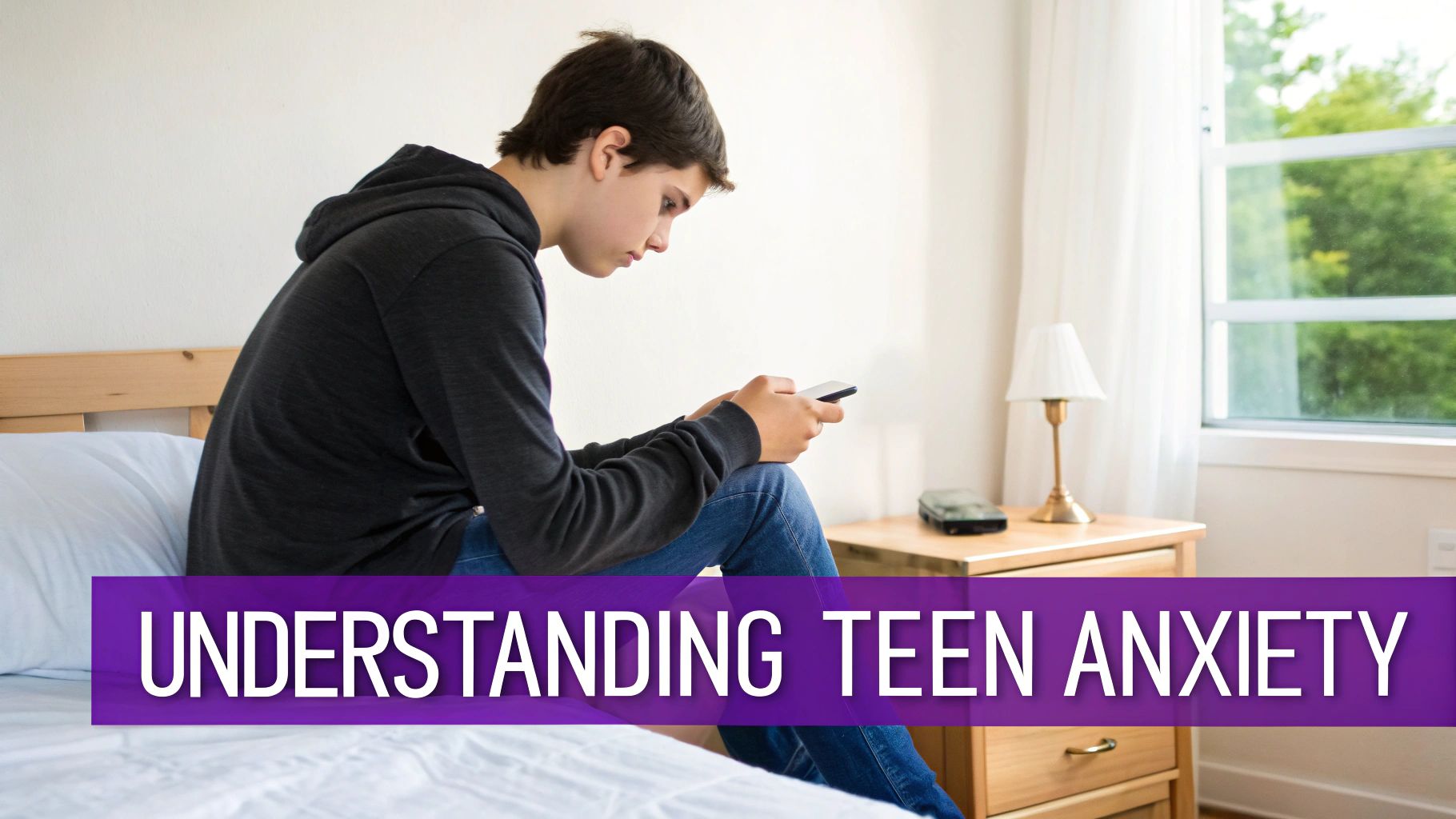 A teenage boy sits alone on his bed, looking at his smartphone, appearing withdrawn.