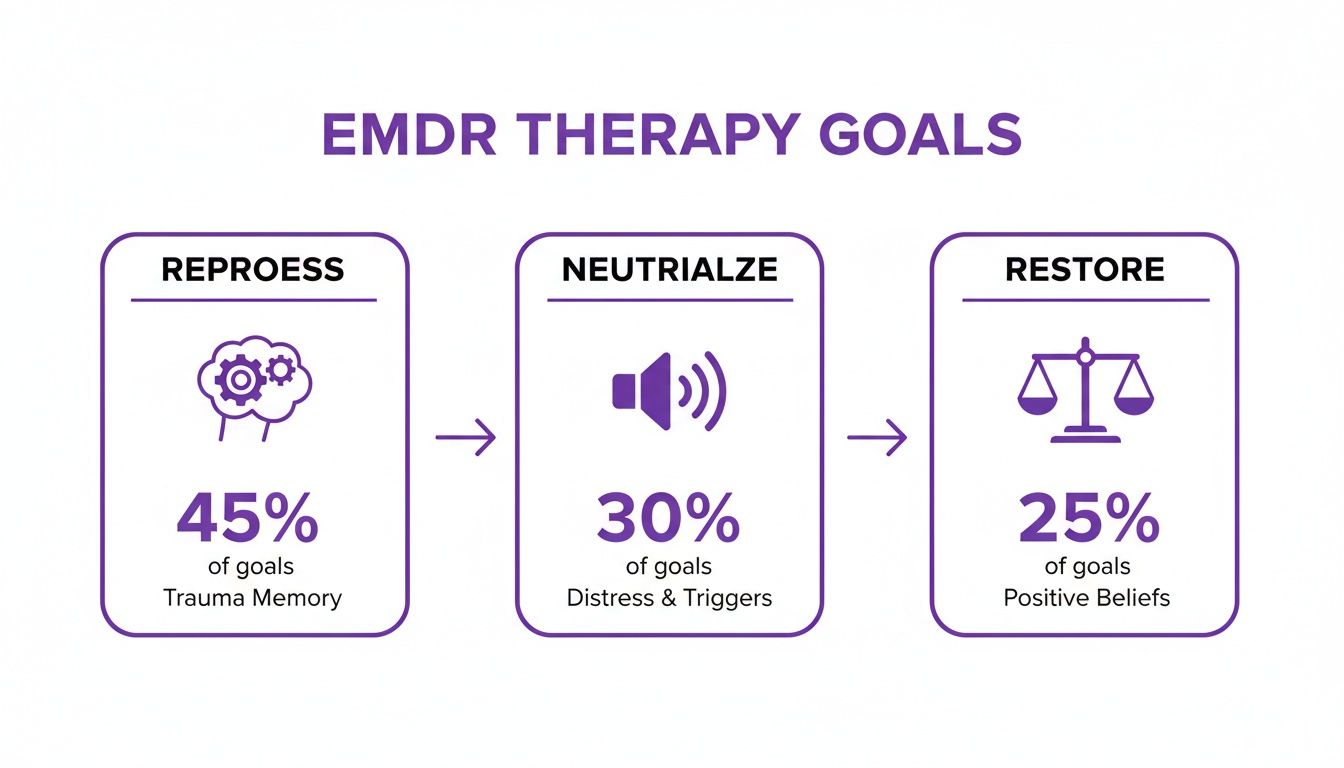 An infographic detailing EMDR therapy goals: reprocess trauma (45%), neutralize distress (30%), and restore positive beliefs (25%).
