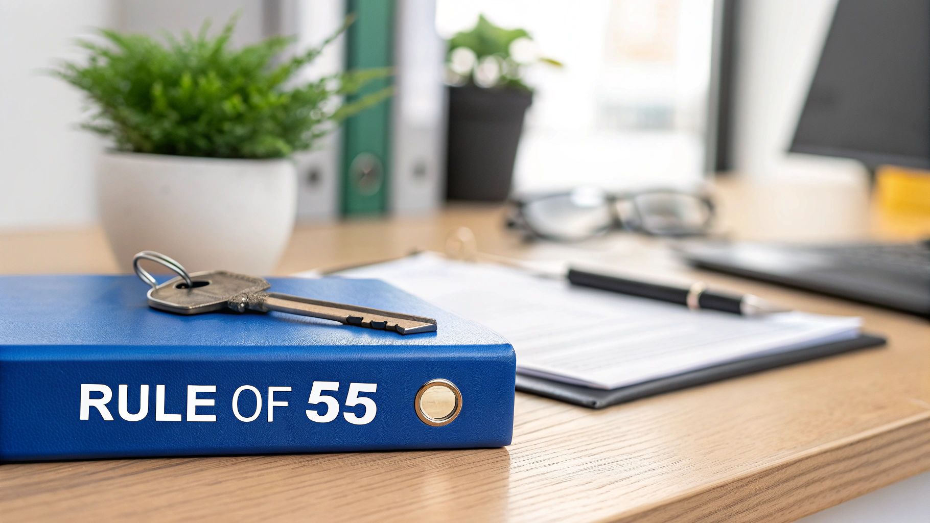 A key rests on a blue binder labeled 'RULE OF 55' on a wooden desk, symbolizing financial rules.