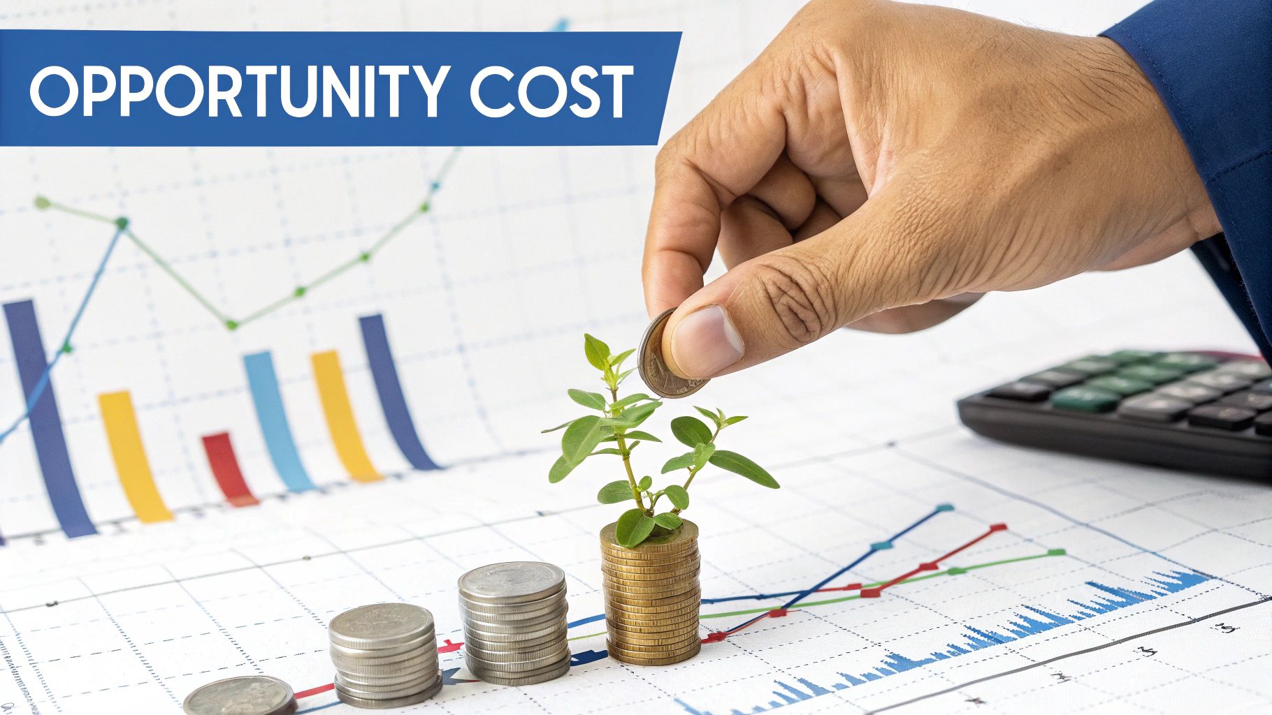 A visual representation of opportunity cost, showing one path with a small pile of money now and another path leading to a much larger pile of money in the future.